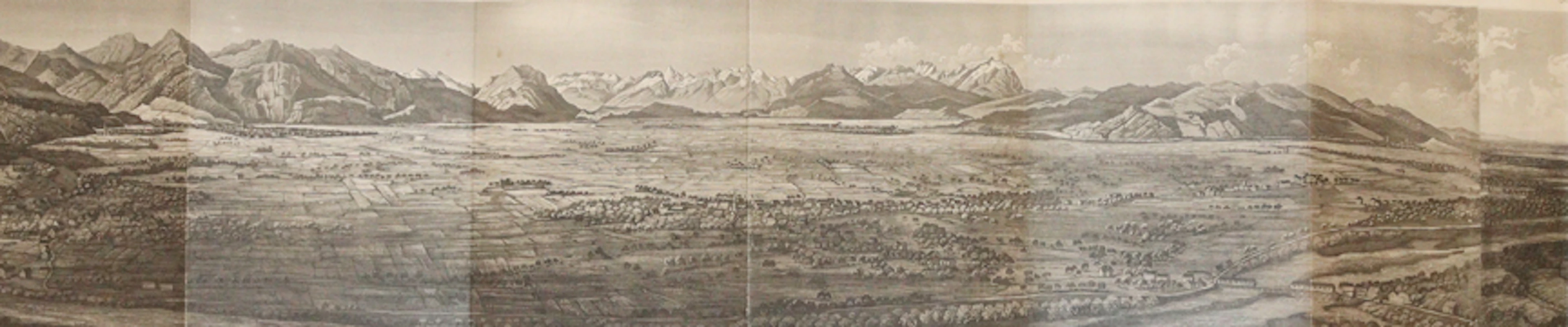 Panorama, anonyme Aquatinta. Um 1840. 14 x 132