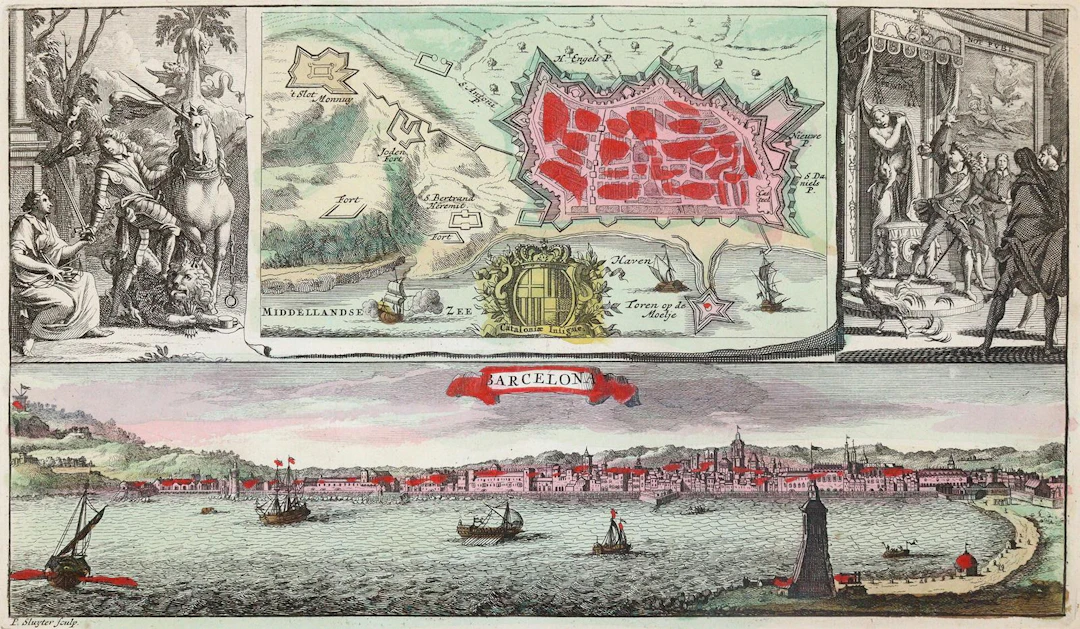 Barcelona und Katalonien. 2 Bll. kol. Kupferstiche auf Bütten. (1735).