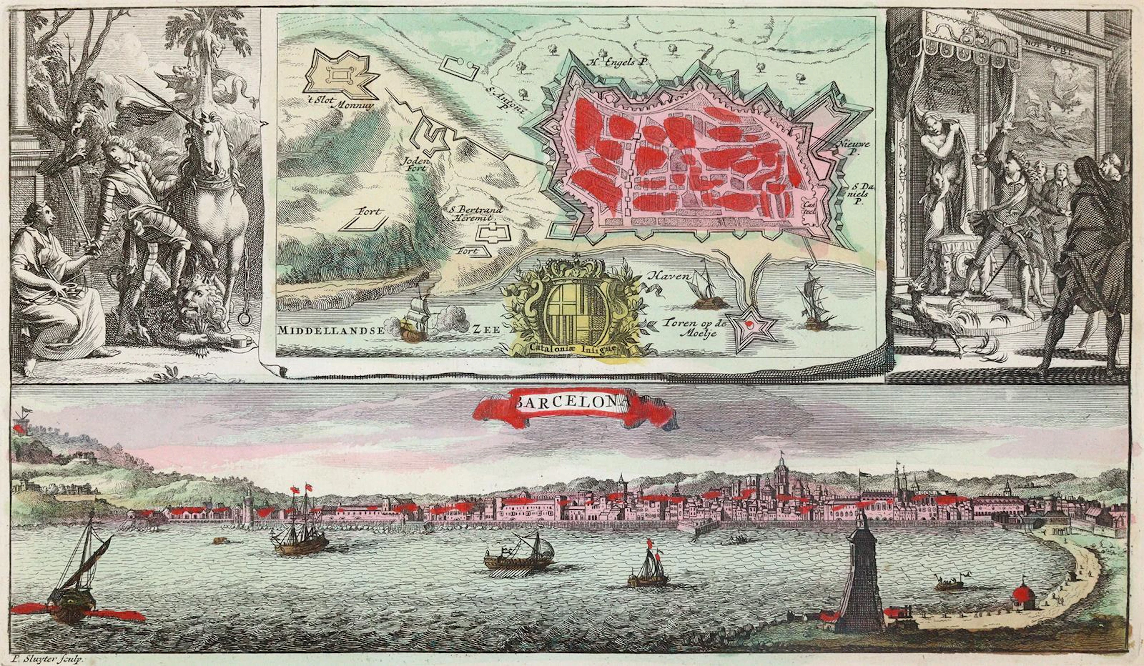 Barcelona und Katalonien. 2 Bll. kol. Kupferstiche auf Bütten. (1735).