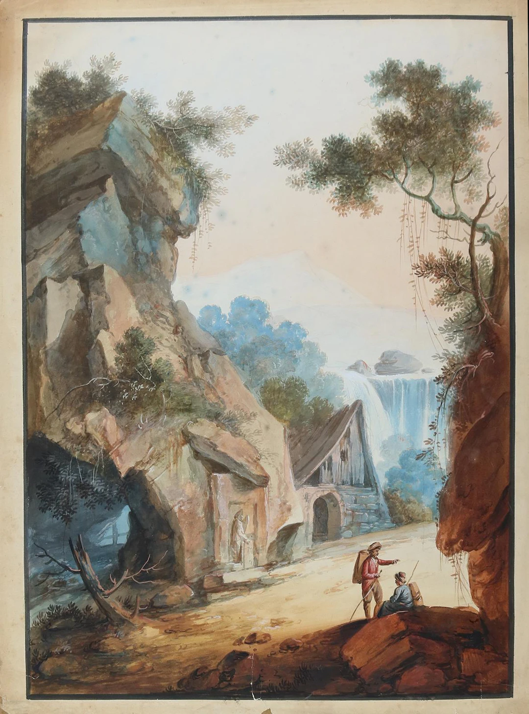 Wanderer in einer Fantasielandschaft mit Bauernhaus und Wasserfall.