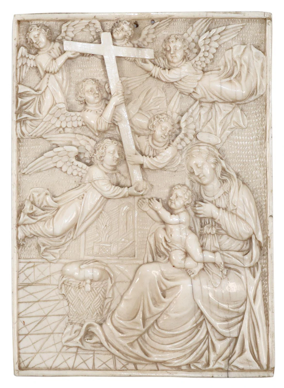 Anbetungszene Maria u. Christus mit Engelsscharen. Feines Reliefbild