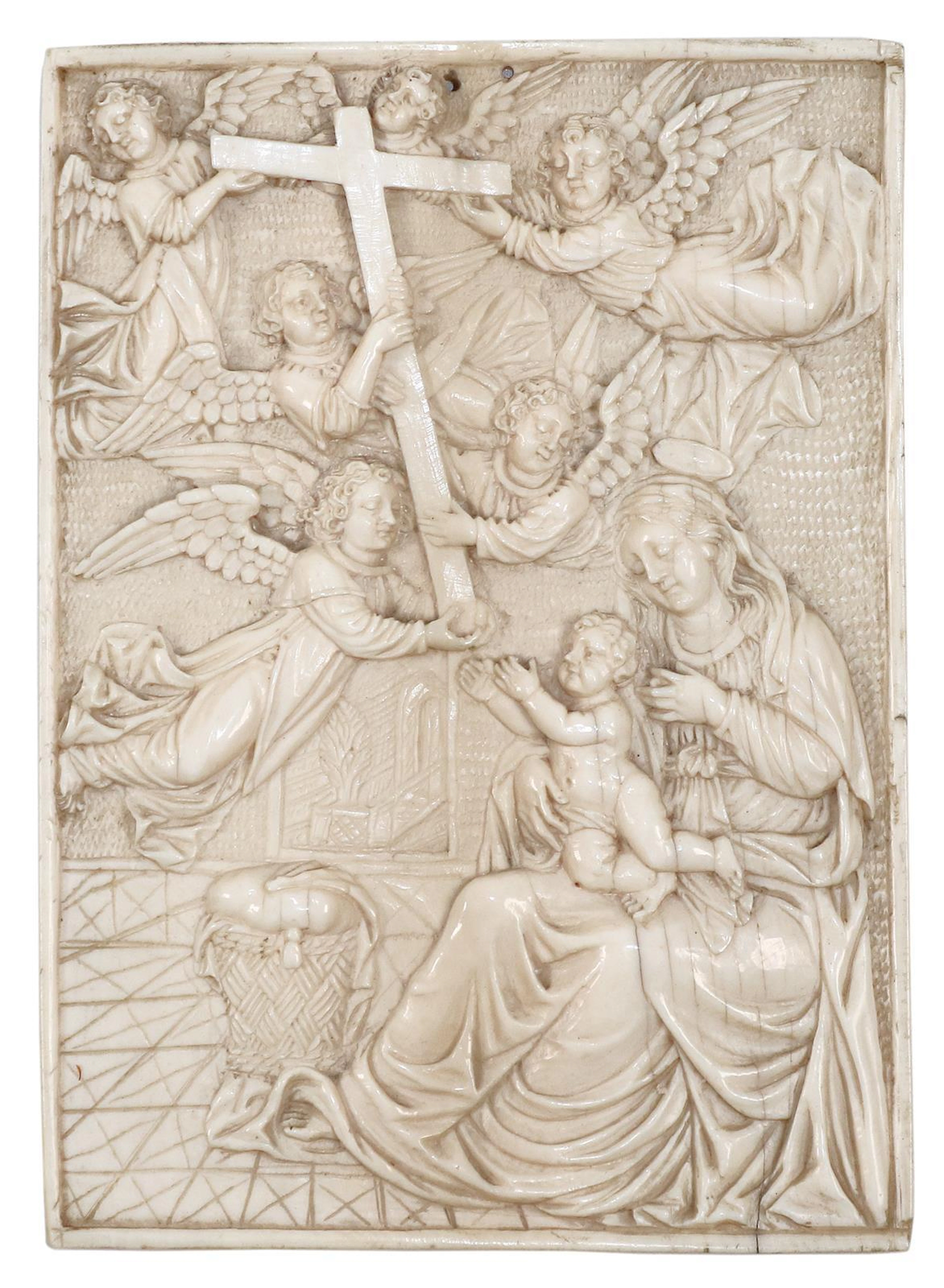 Anbetungszene Maria u. Christus mit Engelsscharen. Feines Reliefbild