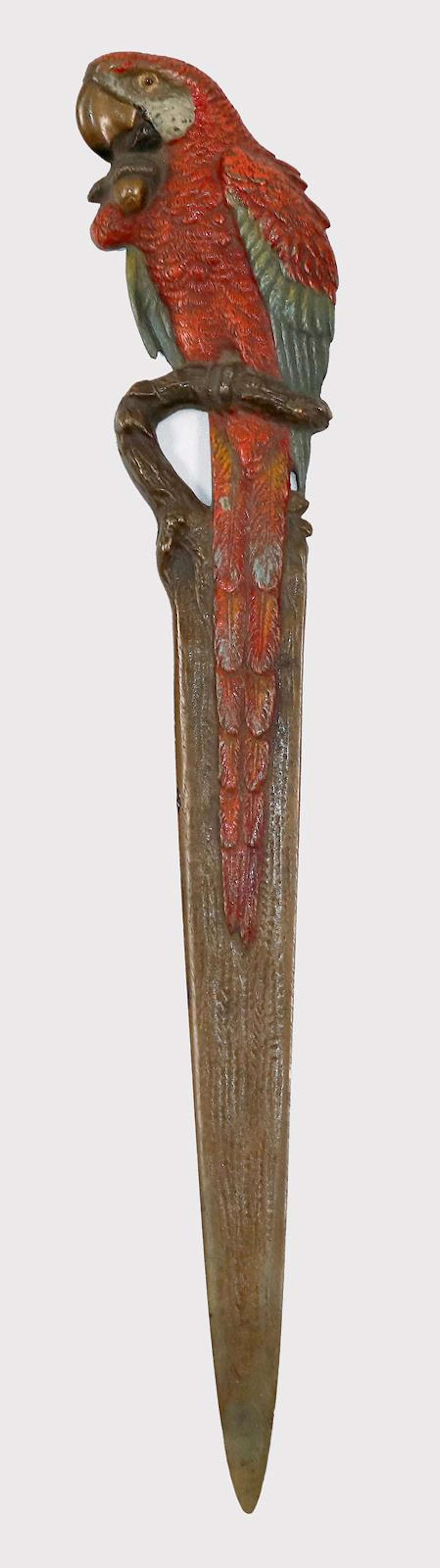 Wiener Bronze Brieföffner um 1900. Bronze gegossen. Sitzender Papagei