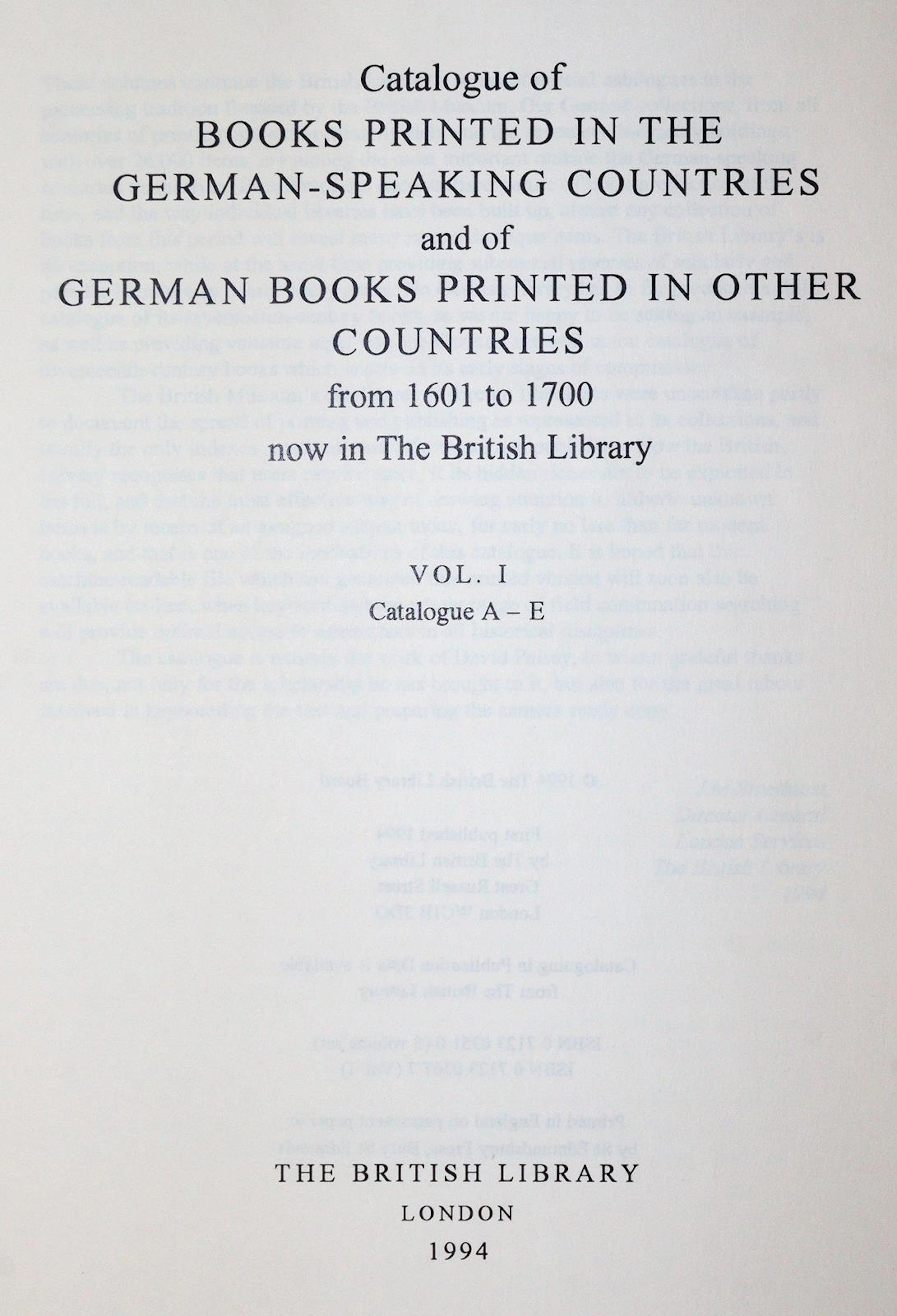 (Paisey,D., Bearb.). Catalogue of Books Printed in the German-Speaking