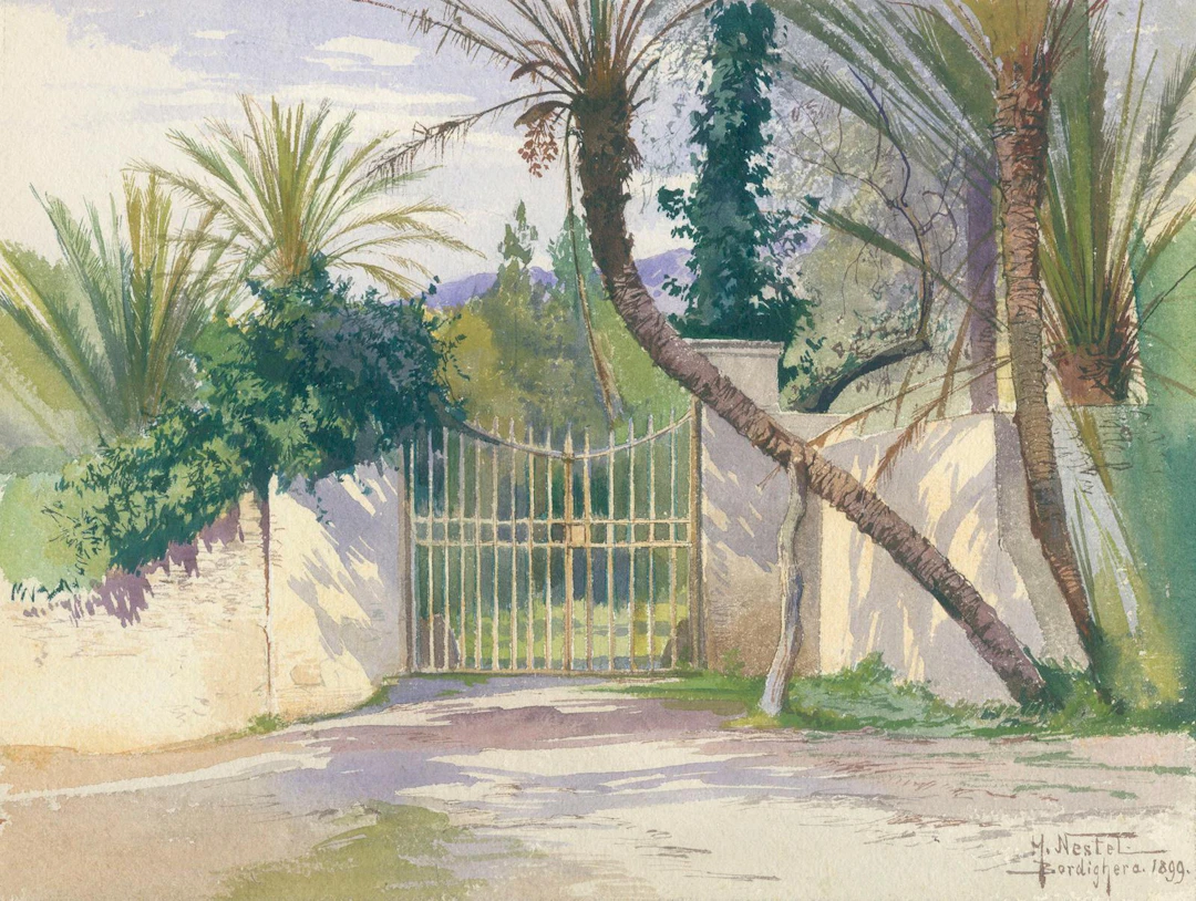 Nestel, Hermann (1858 Stuttgart - Bordighera 1905). Portal mit Palmen.