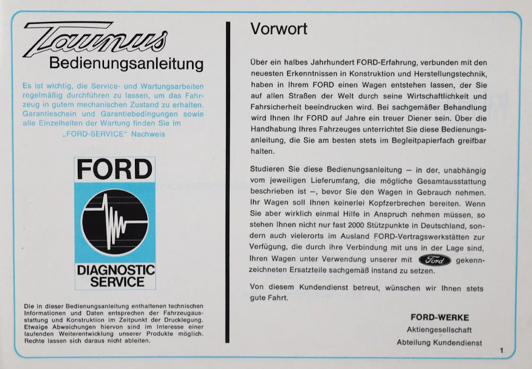 Ford AG. Taunus Bedienungsanleitung