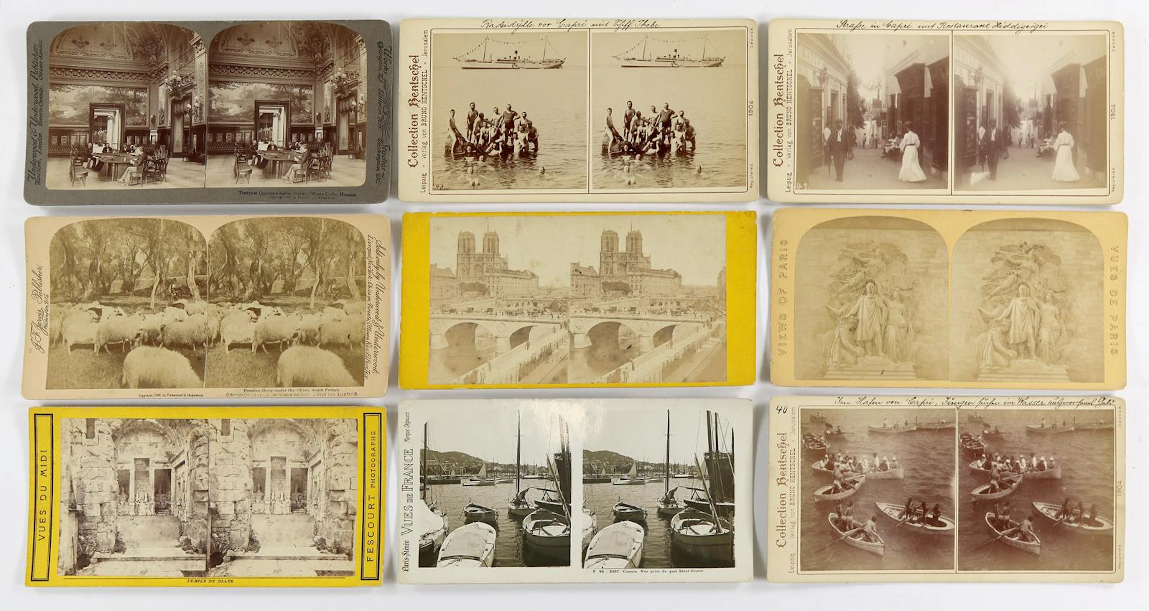 Stereoskopie. 9 Stereoskopien. Um 1904-1920. U.a. von Capri