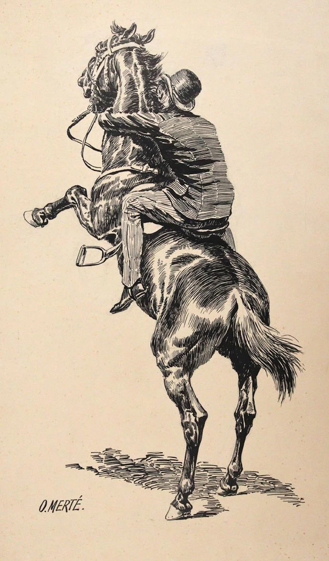 Merté, Oskar (1872 München - Bd Aibling 1938). Steigendes Pferd. Federzeichnung