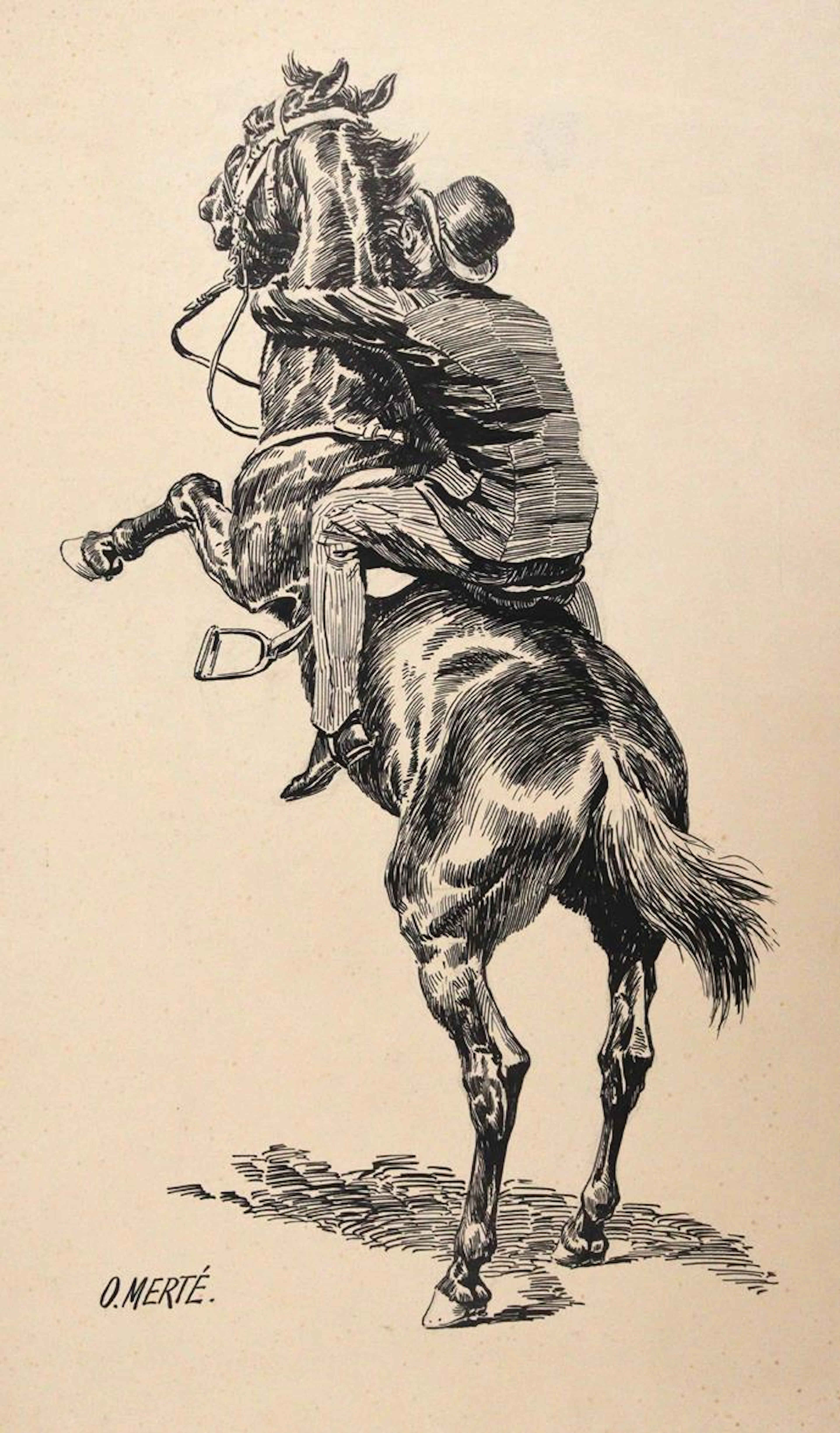Merté, Oskar (1872 München - Bd Aibling 1938). Steigendes Pferd. Federzeichnung