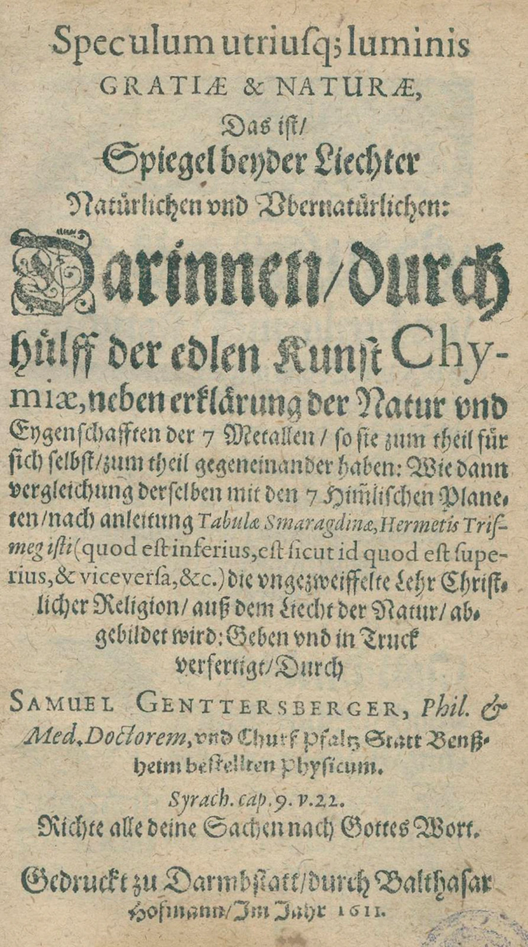 Genttersberger,S. Speculum utriusq; luminis Gratiae & Naturae