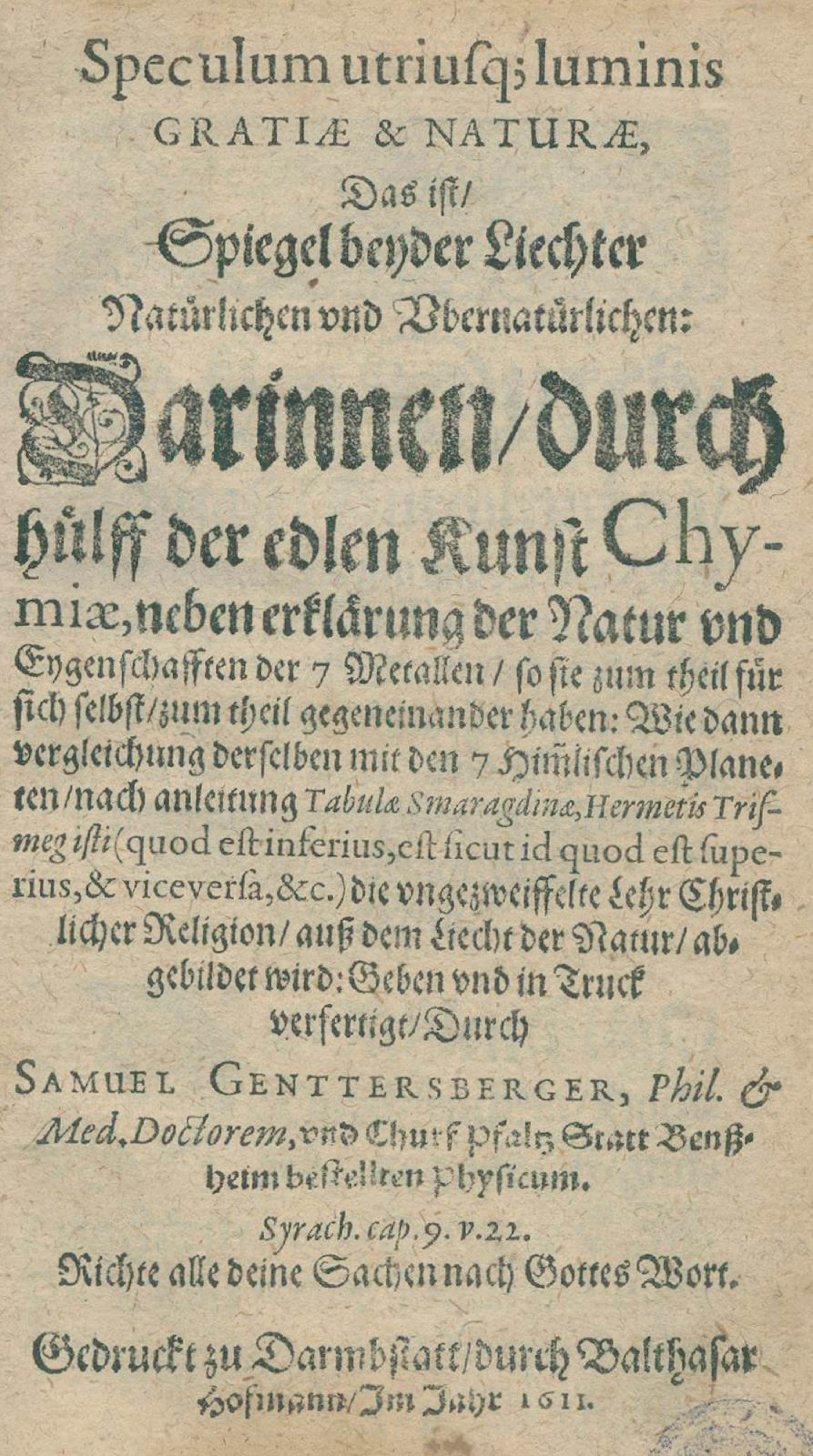 Genttersberger,S. Speculum utriusq; luminis Gratiae & Naturae