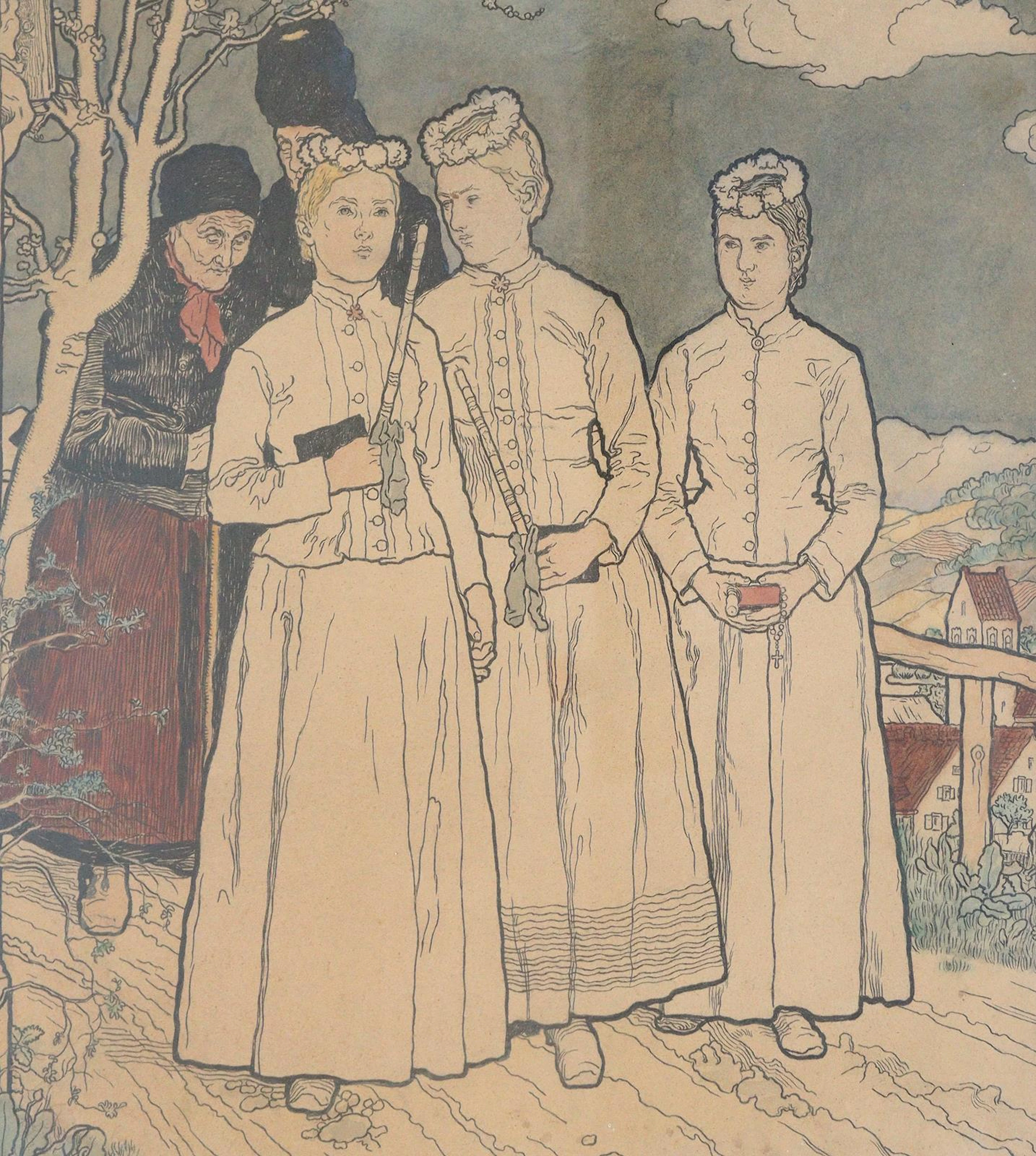 Carben, Friedrich (1862-1920). Kirchgang. Handkol. Jugendstil Lithographie