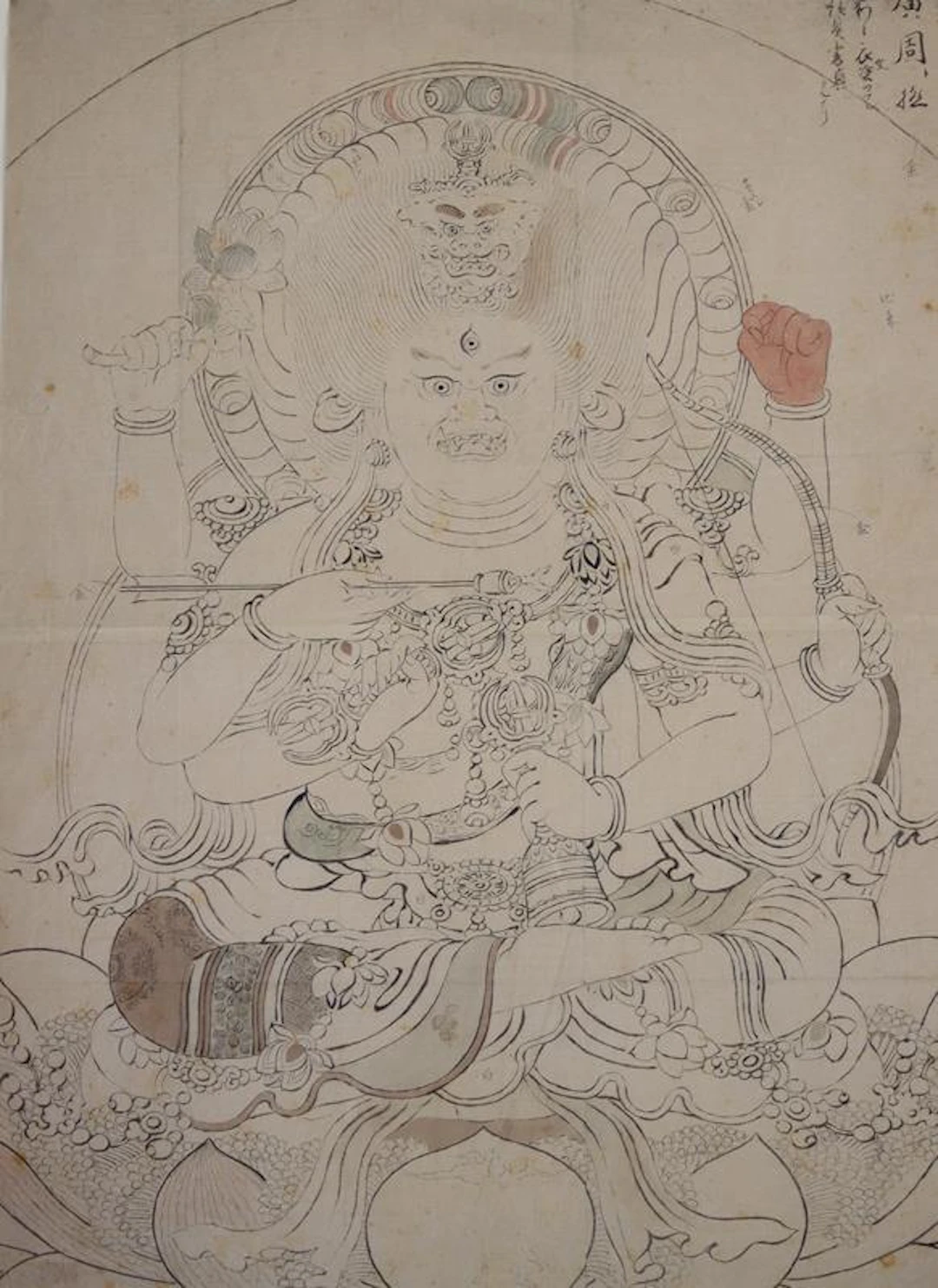 Mahakala. Zeichnung der 6 armigen buddhistischen Schutzgottheit. Wohl