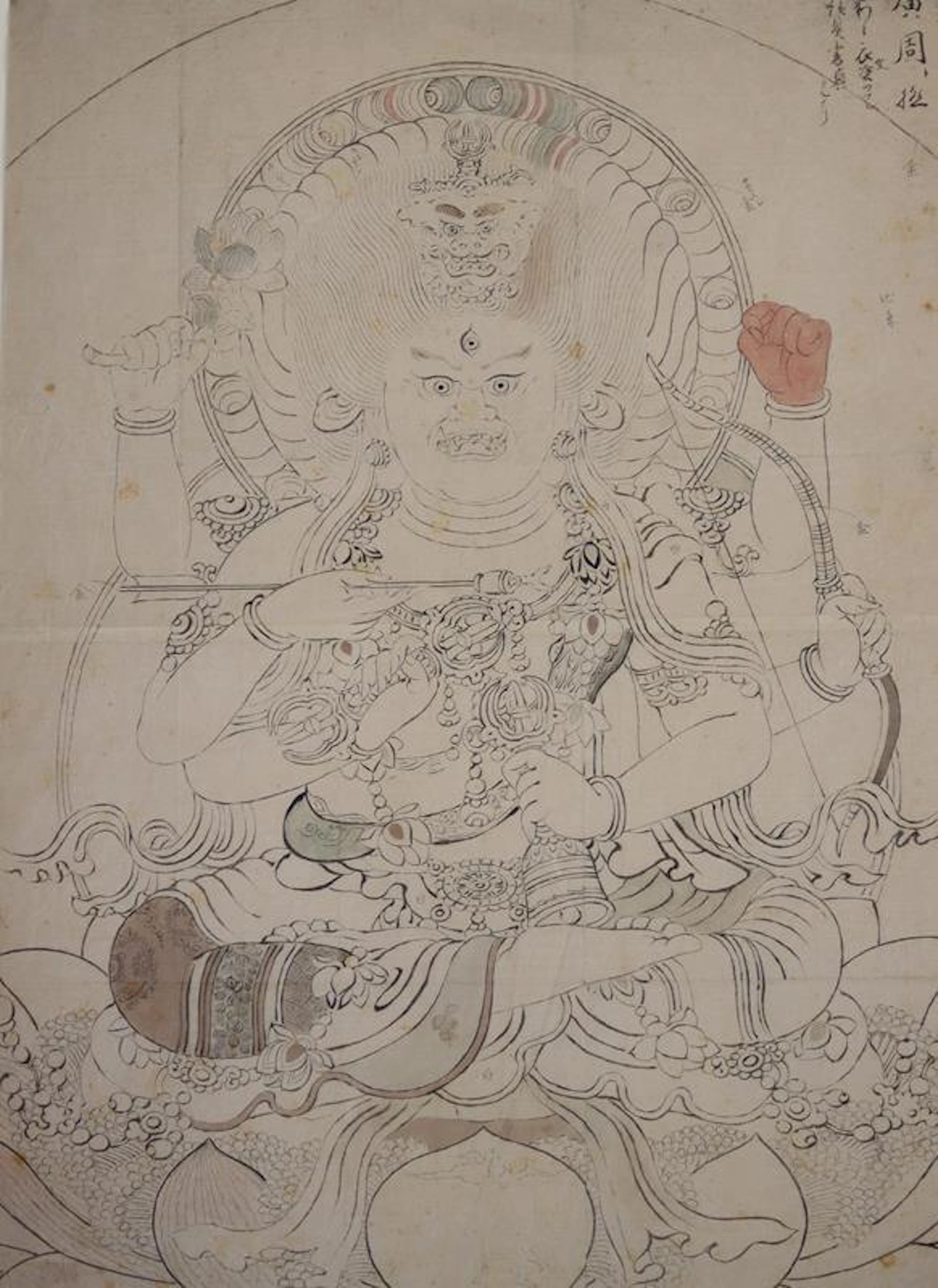 Mahakala. Zeichnung der 6 armigen buddhistischen Schutzgottheit. Wohl