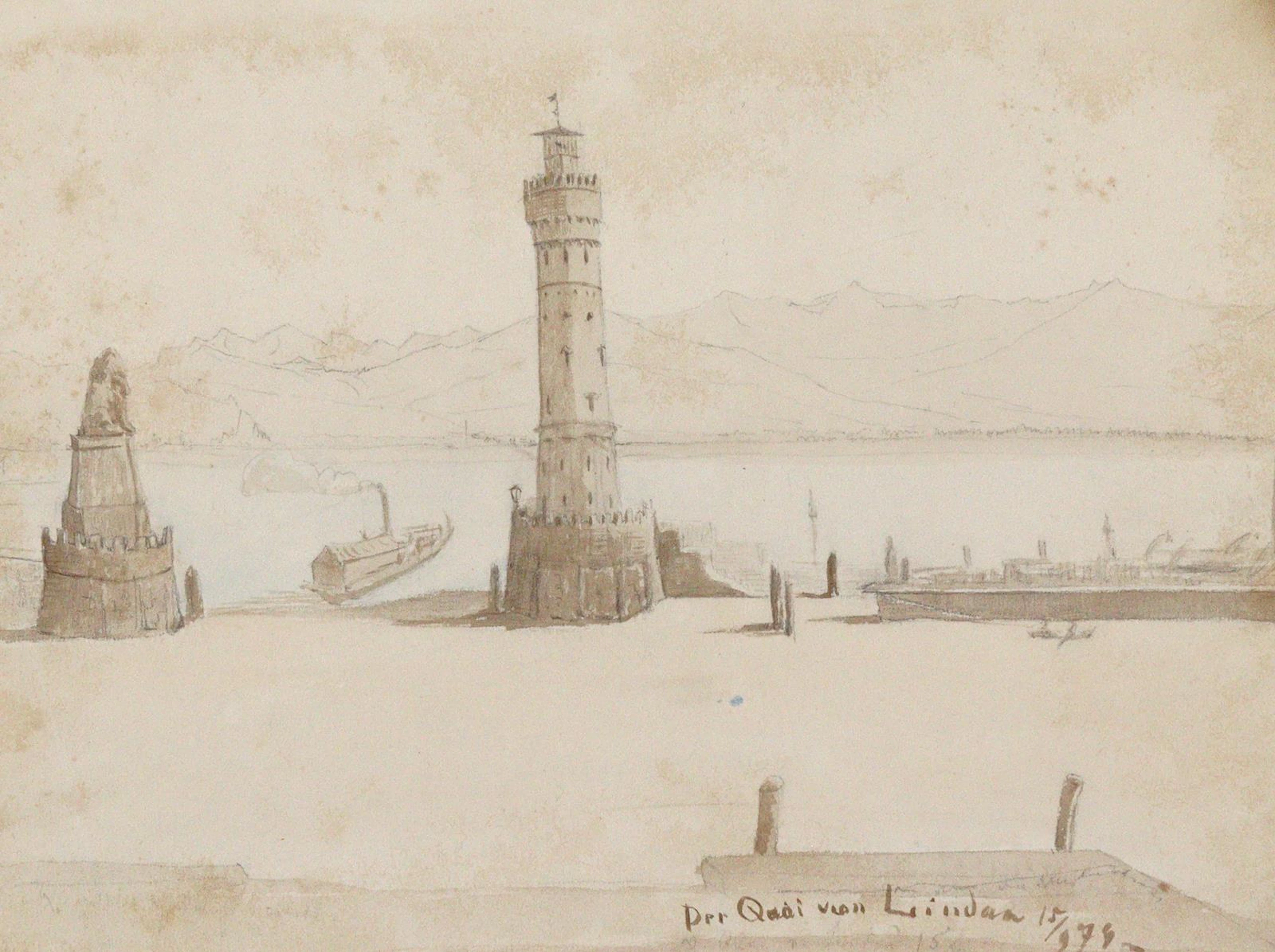 Bodensee. Der Quai von Lindau. Lavierte Tuschzeichnung mit Bleistift auf Papier