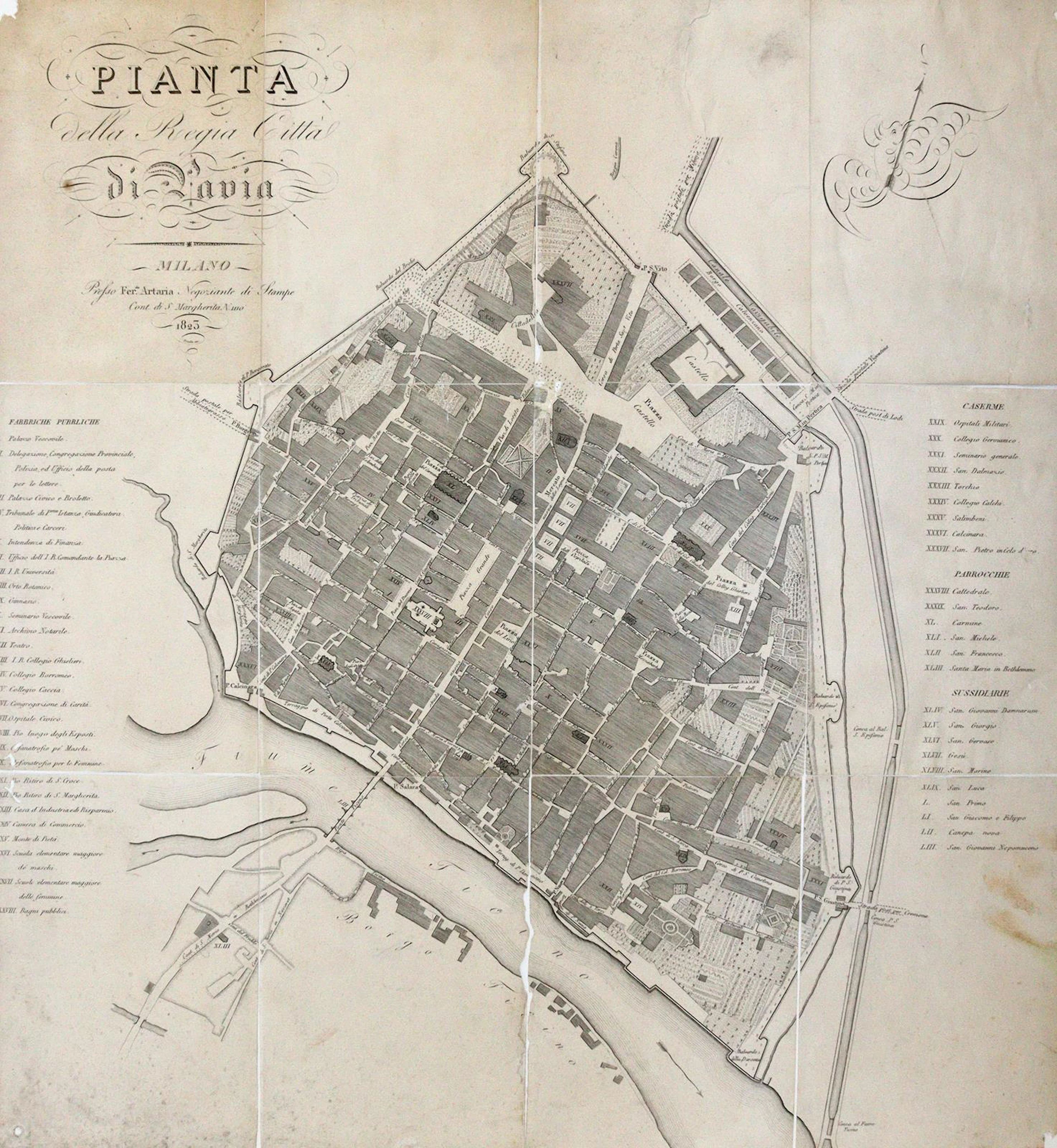 Pavia. Pianta della Regia Città di Pavia. Faltstadtplan. Von F. Artaria.