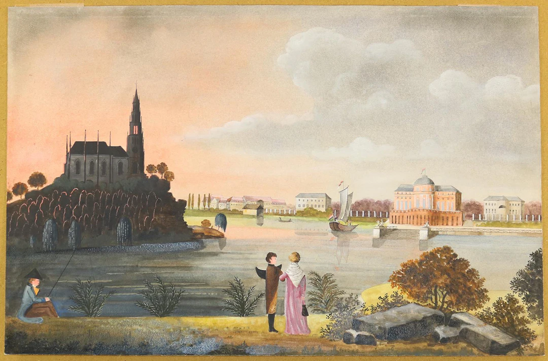 Ludwigsburg. Paar und Angler vor dem Seeschloss Monrepos. Frühes 19.