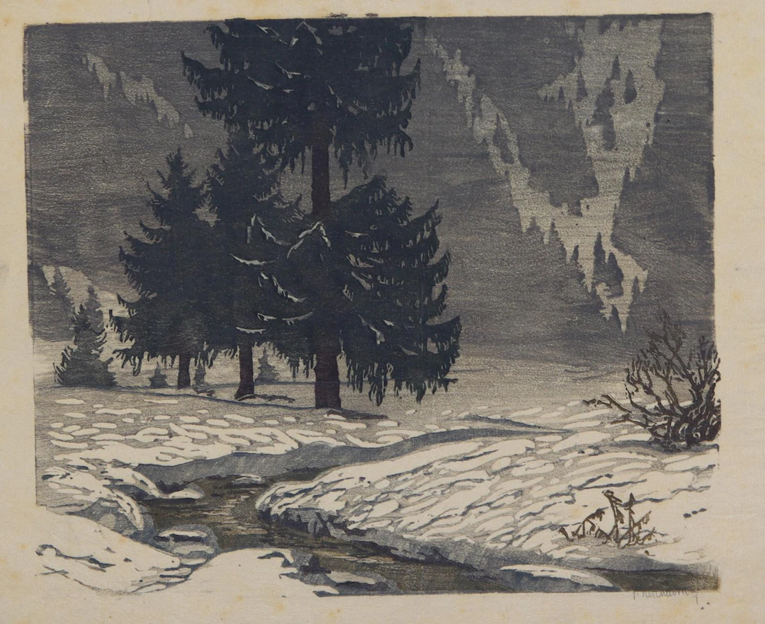 Leschhorn, Paul (1876 Metz - Allensbach 1951). Im Rotne Ried. Farbholzschnitt