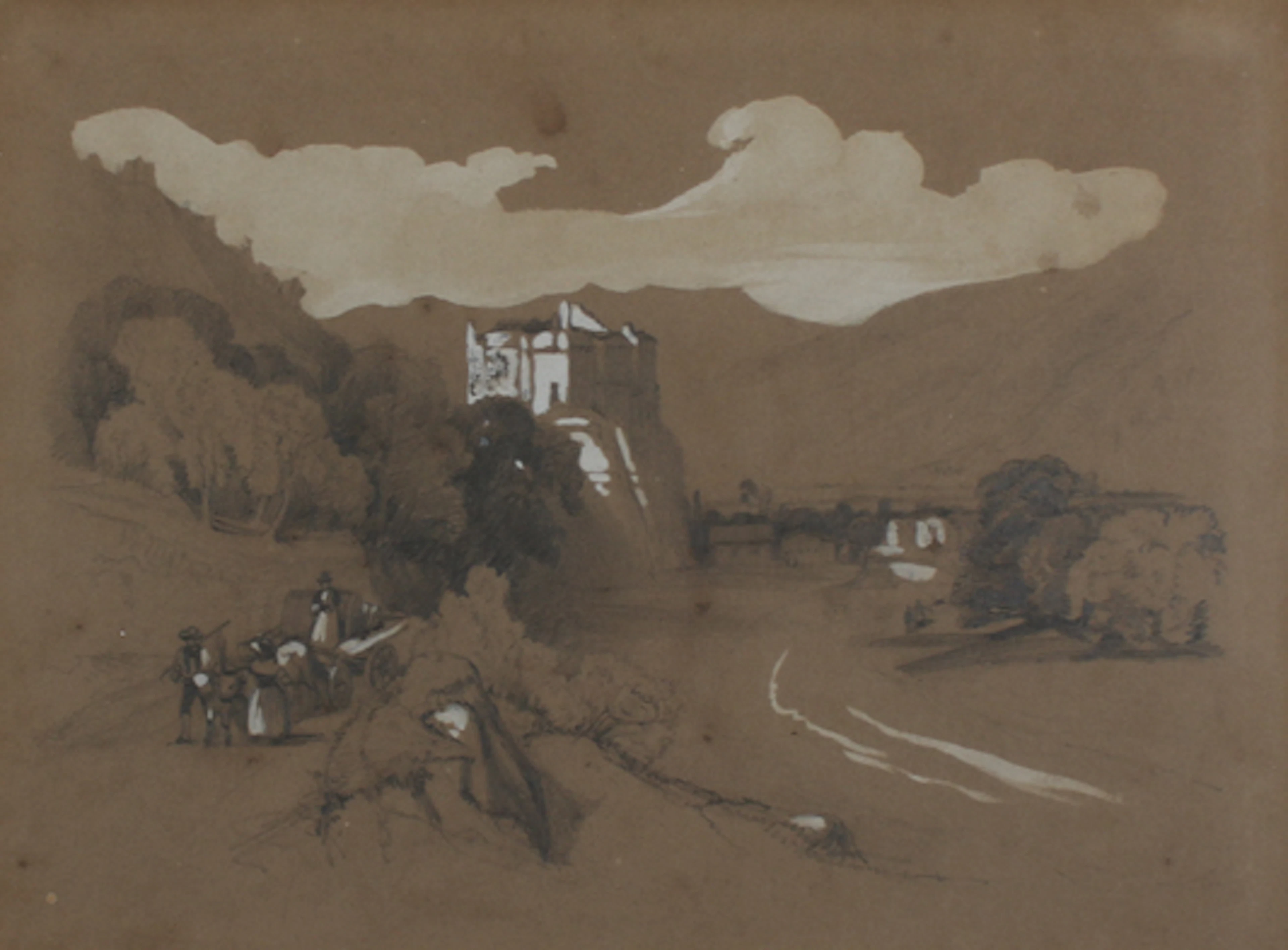 Flusslauf im Gebirge und Bauernhaus im Schwarzwald. Bleistift auf Papier