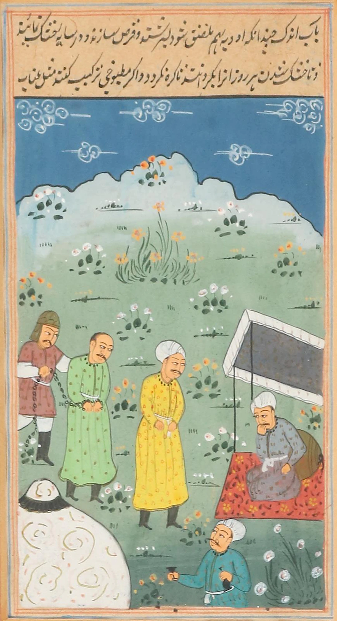 Indopersische Miniaturen. 4 Buchseiten des 19. Jh. Verschiedene Motive