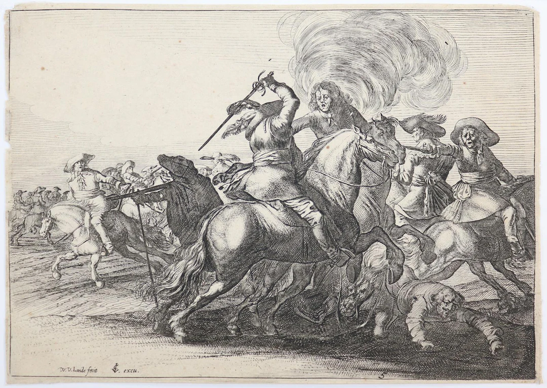 Lande, Willem van (ca. 1610 Delft - Amsterdam 1650). 3 Bll. Schlachtenszenen