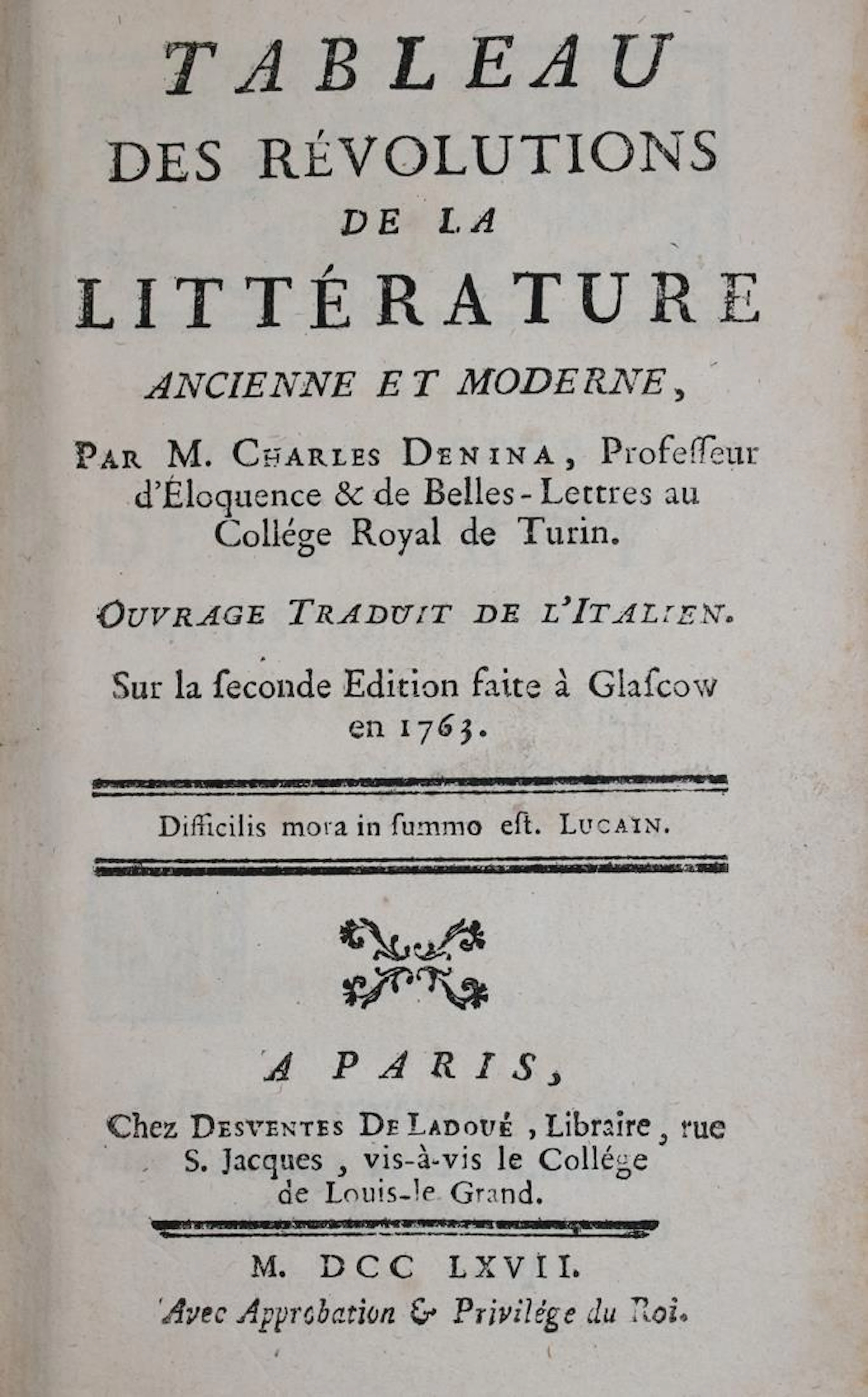 Denina,C. Tableau des revolutions de la litterature ancienne et moderne. Paris