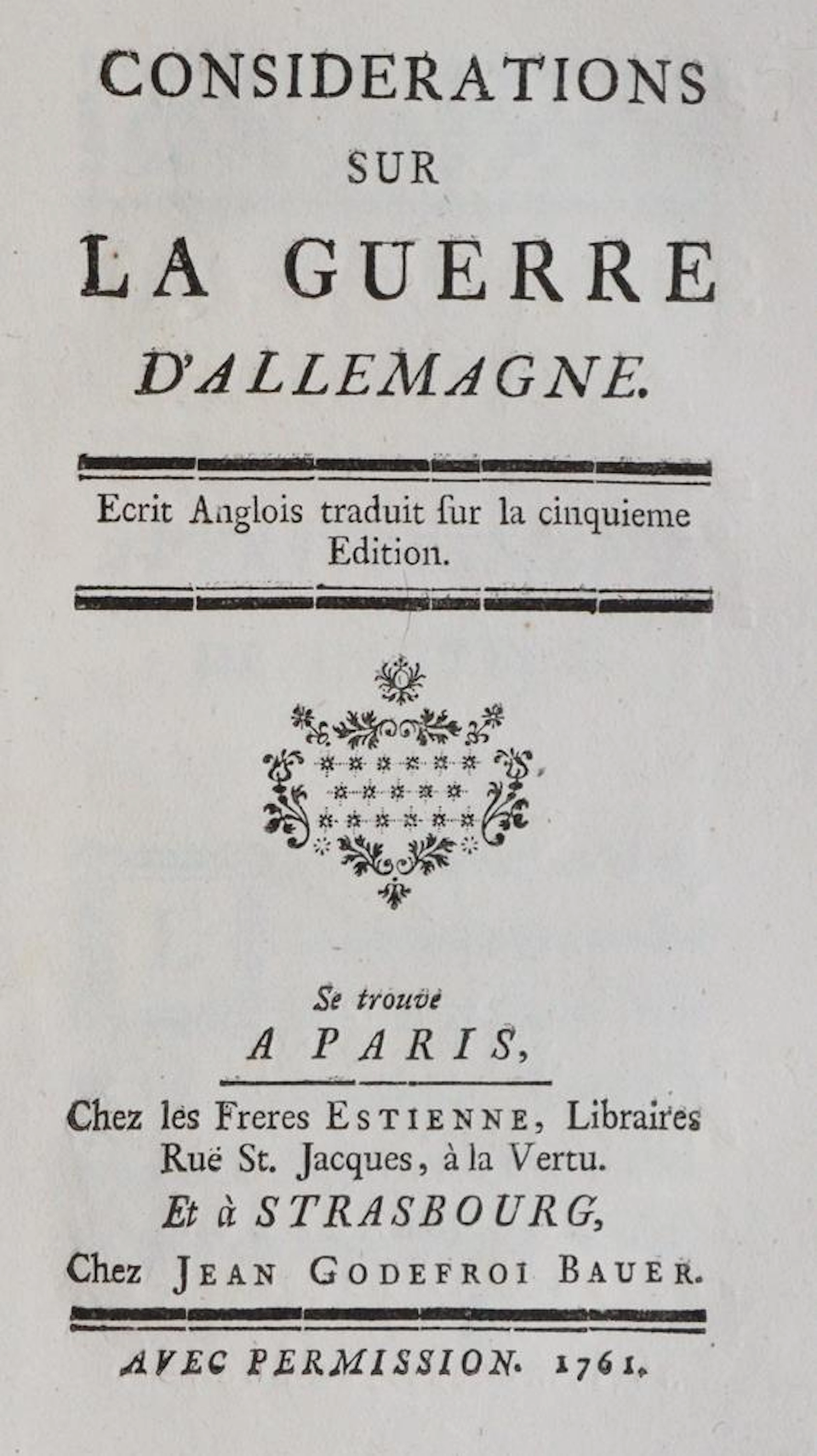(Mauduit,I.). Considerations sur la guerre d'Allemagne. Ecrit anglois