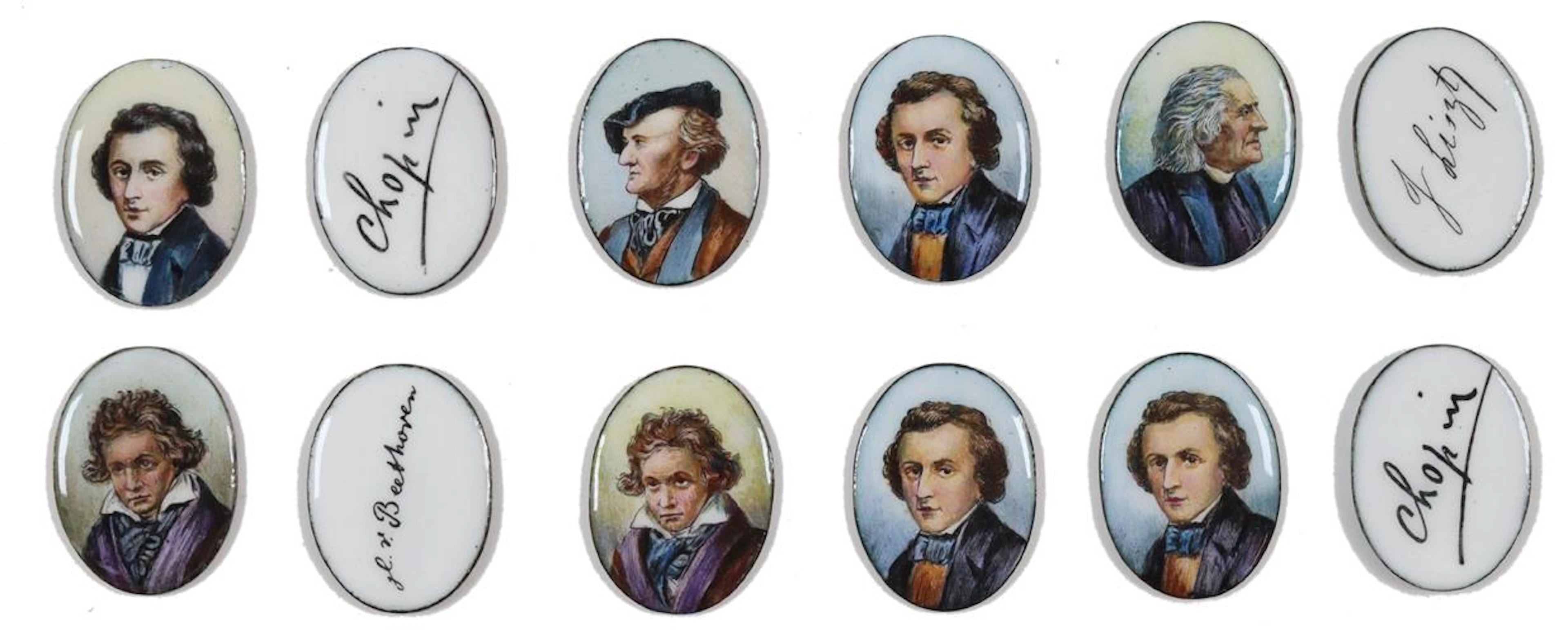 Miniaturen, Komponisten. 12 Miniaturmalereien auf Emaille. Davon vier