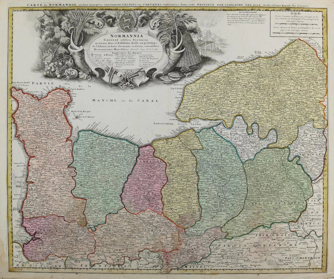 Normandie. Carte de Normandie. Altkolor. Kupferstichkarte. Nach Delise