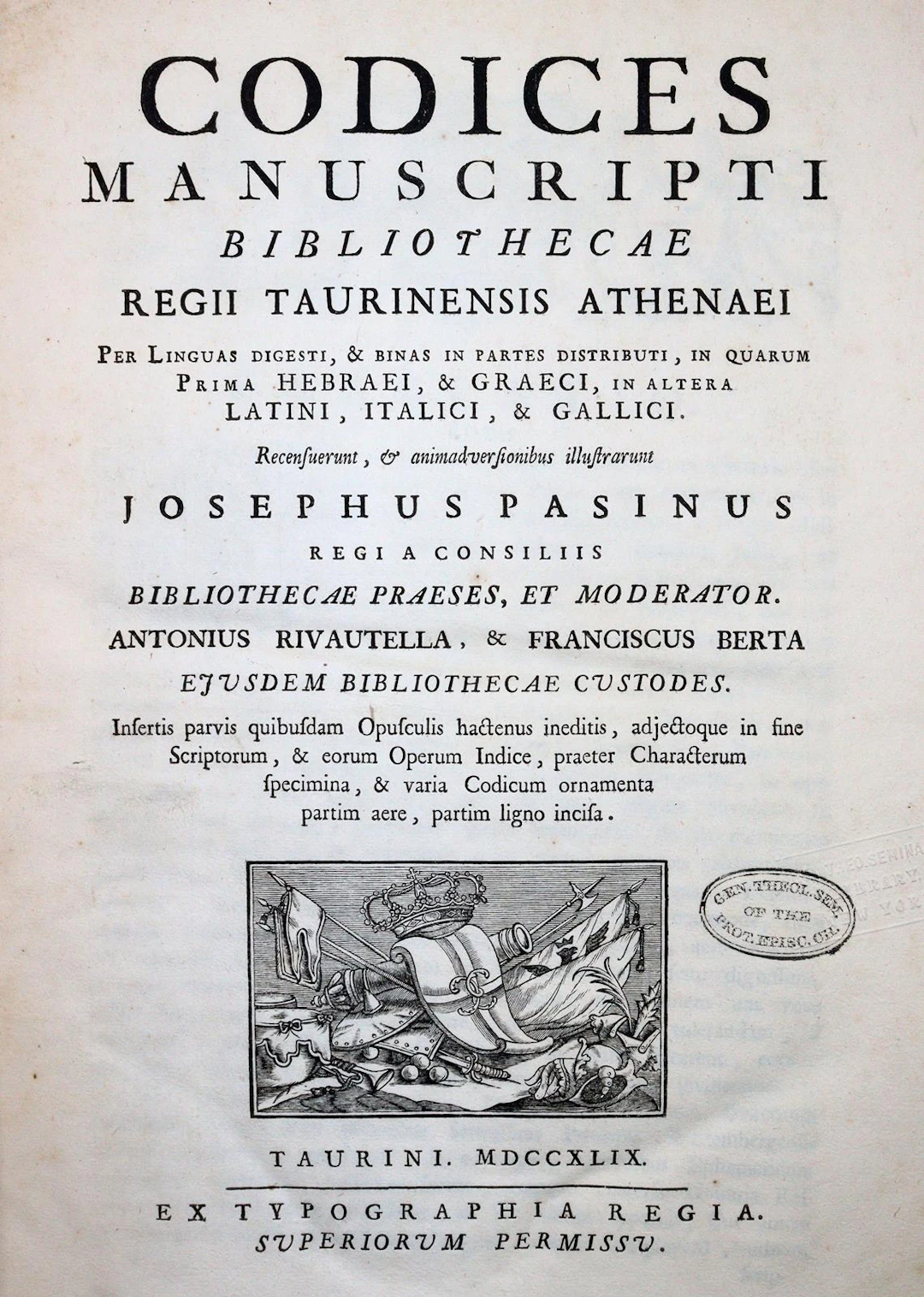 Pasini,G. Codices Manuscripti Bibliothecae Regii Taurinensis Athenaei.