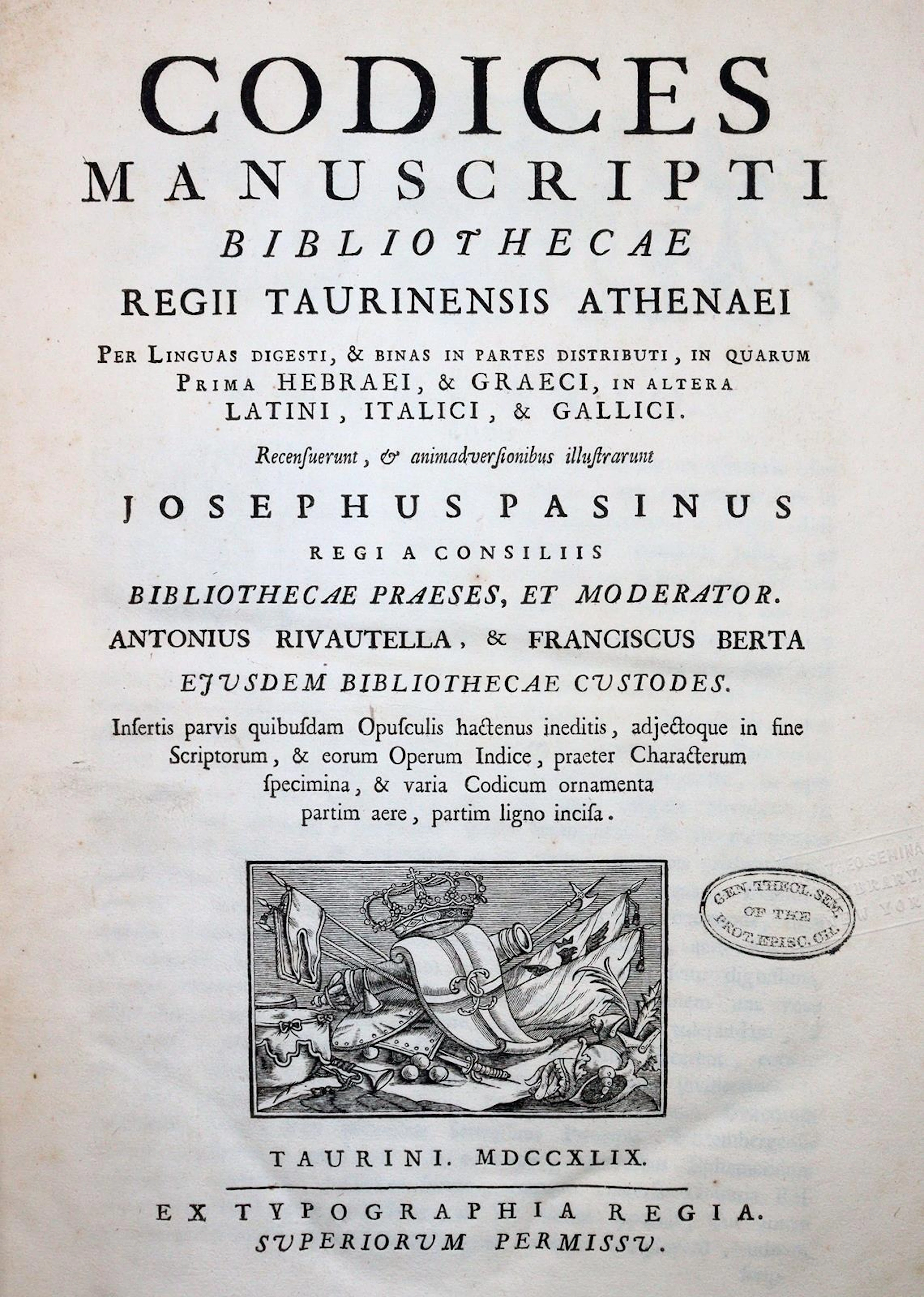 Pasini,G. Codices Manuscripti Bibliothecae Regii Taurinensis Athenaei.