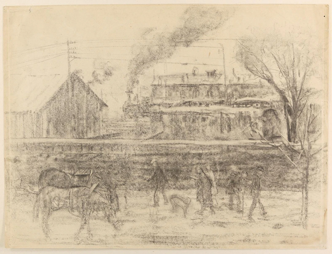Karasek, Nina (1883 Kuttenberg - 1952). Arbeiter in einer Industrielandschaft.