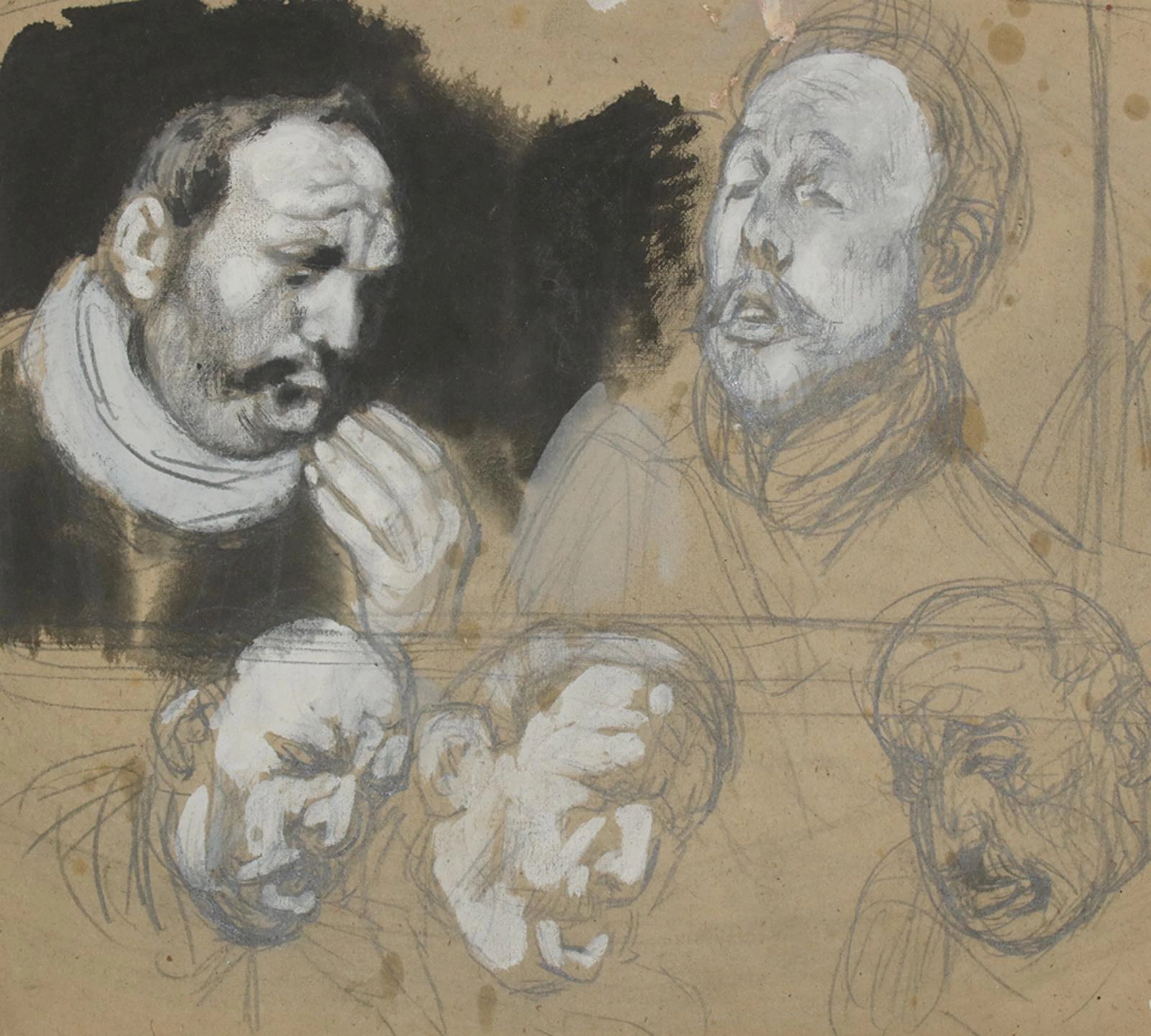 Anonym (wohl München um 1900). Studienblatt mit 5 Männerköpfen (Sänger