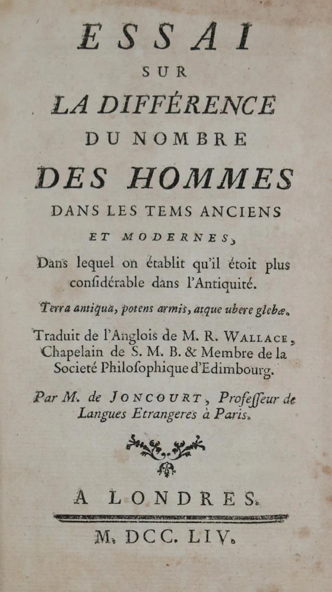 Wallace,R. Essai sur la différence du nombre des hommes dans les tems