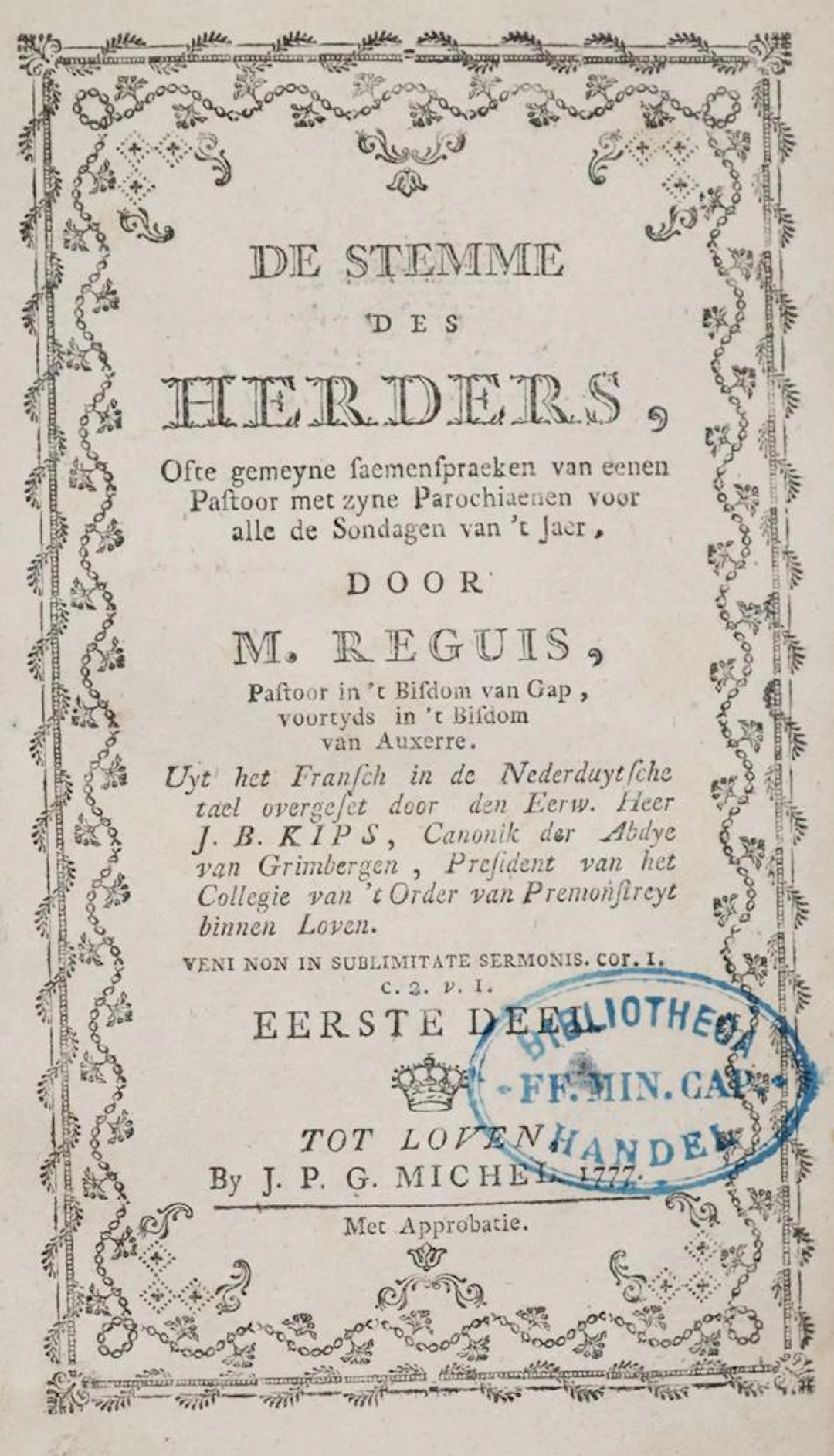 Reguis,(F.L.). De Stemme des Herders... Uyt het Fransch in de Nederduytsche...