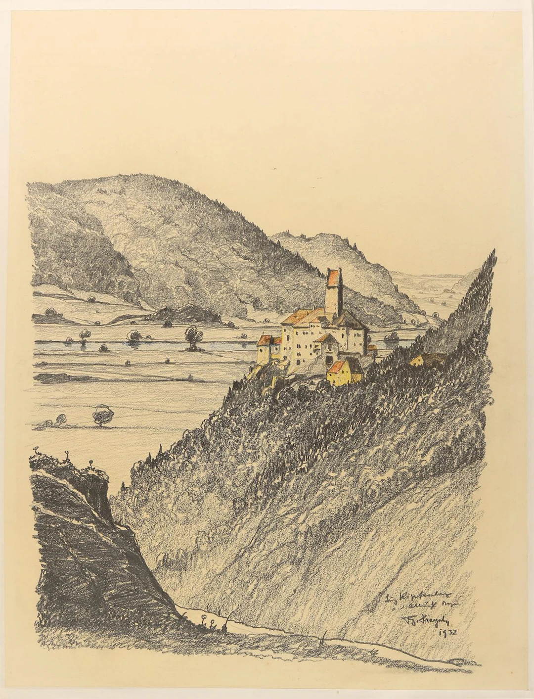 Burg Kipfenberg. Bleistiftzeichnung mit Buntstift auf Papier. Unten links bez.