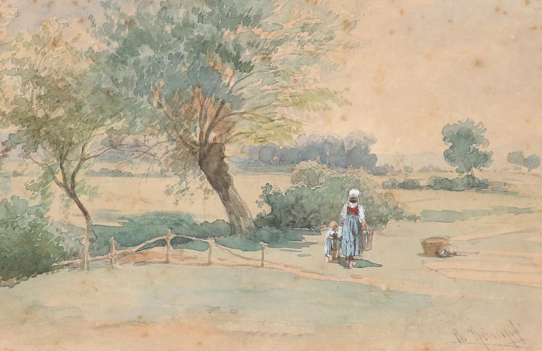 Rumpf, Philipp (1821 Frankfurt 1896). Uferlandschaft mit Magd und