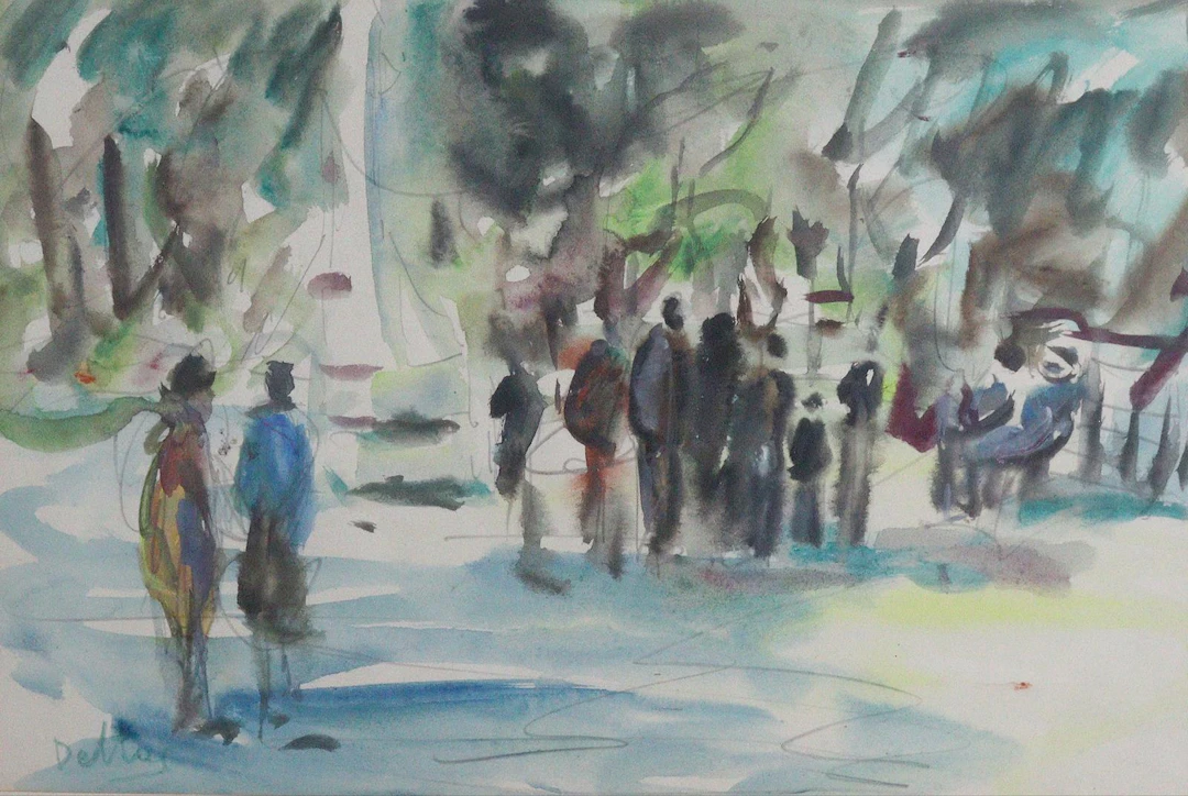Parklandschaft mit Silhouetten. Aquarell u