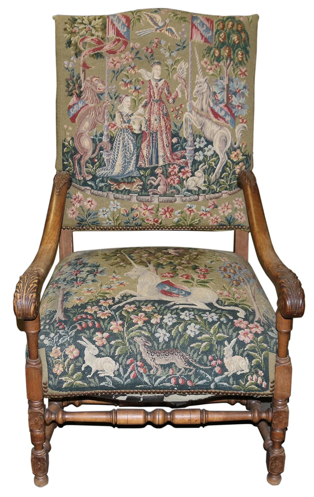 Sessel wohl Barock. Nussbaum mit Zierschnitzereien. Gobelinbezüge