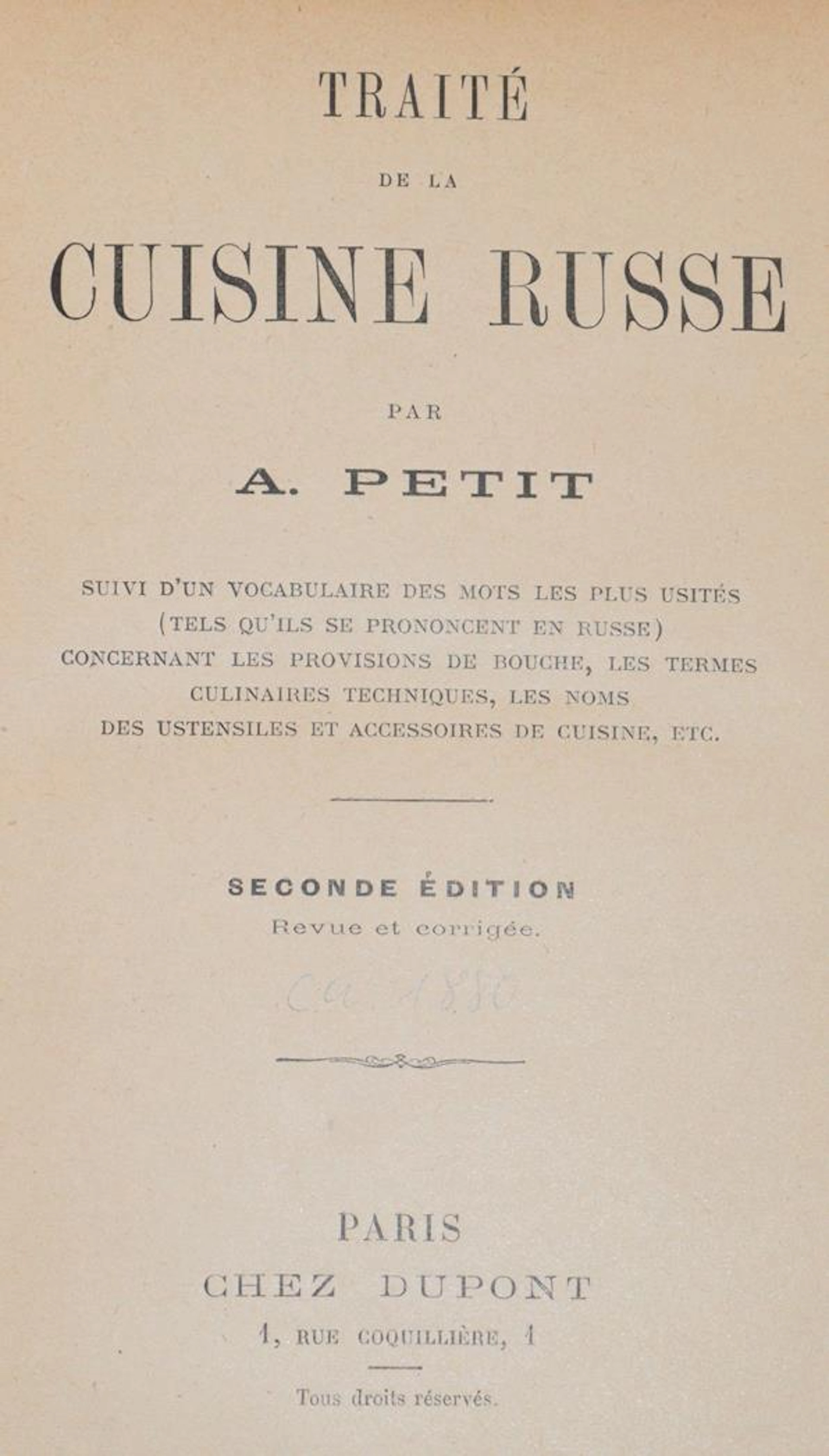 Petit,A. Traite de la Cuisine Russe. 2. ed. Paris