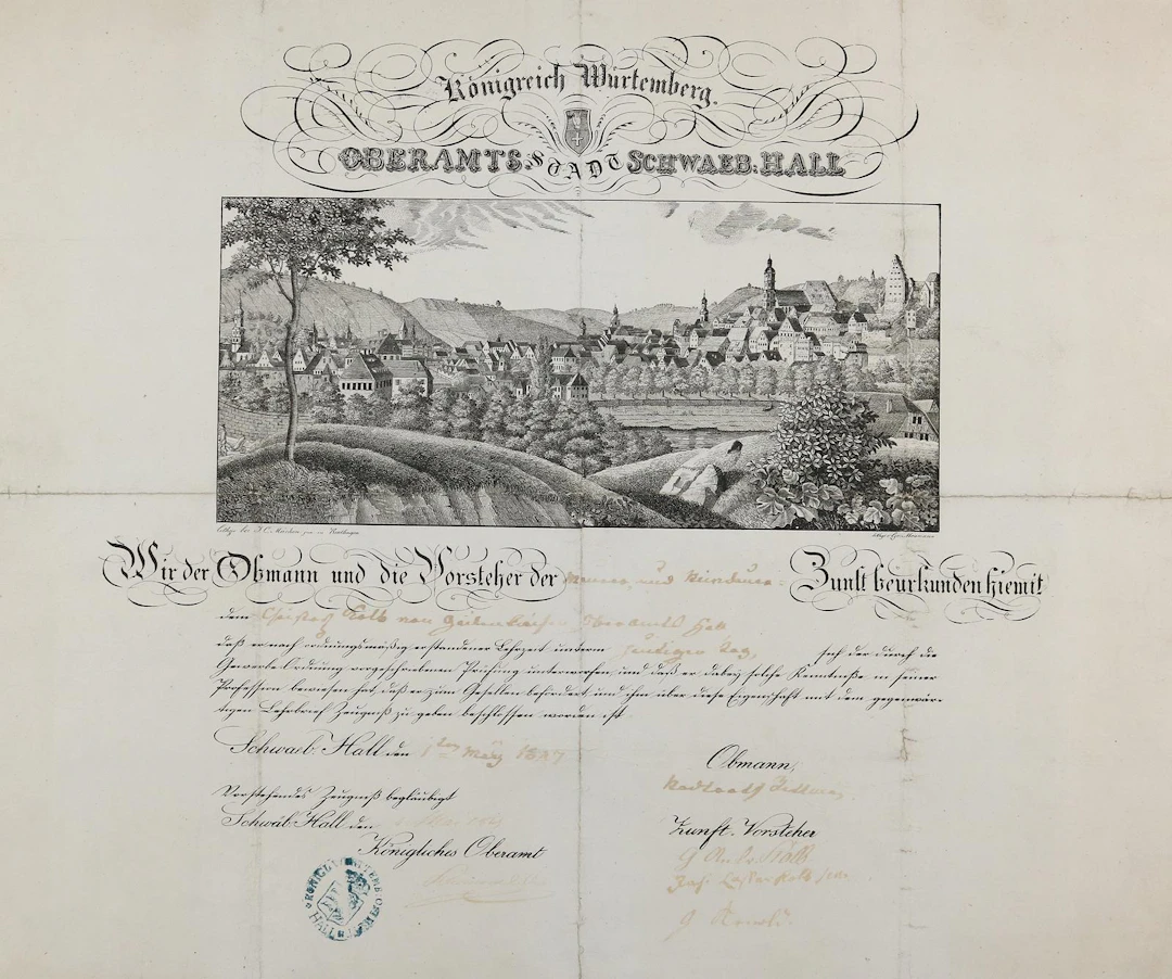 Schwäbisch Hall. Meisterbrief von 1887 der Maurer und Steinhauer Zunft.