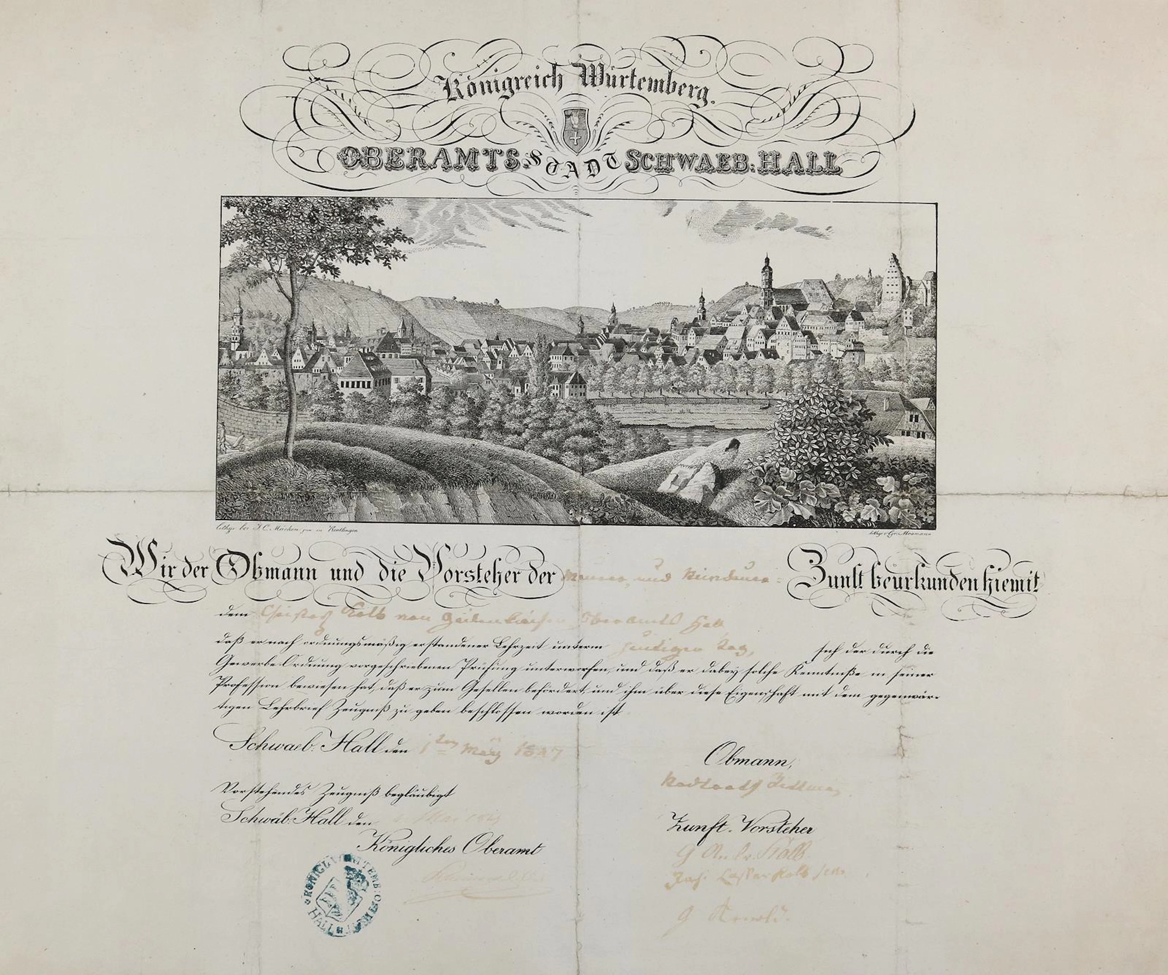 Schwäbisch Hall. Meisterbrief von 1887 der Maurer und Steinhauer Zunft.