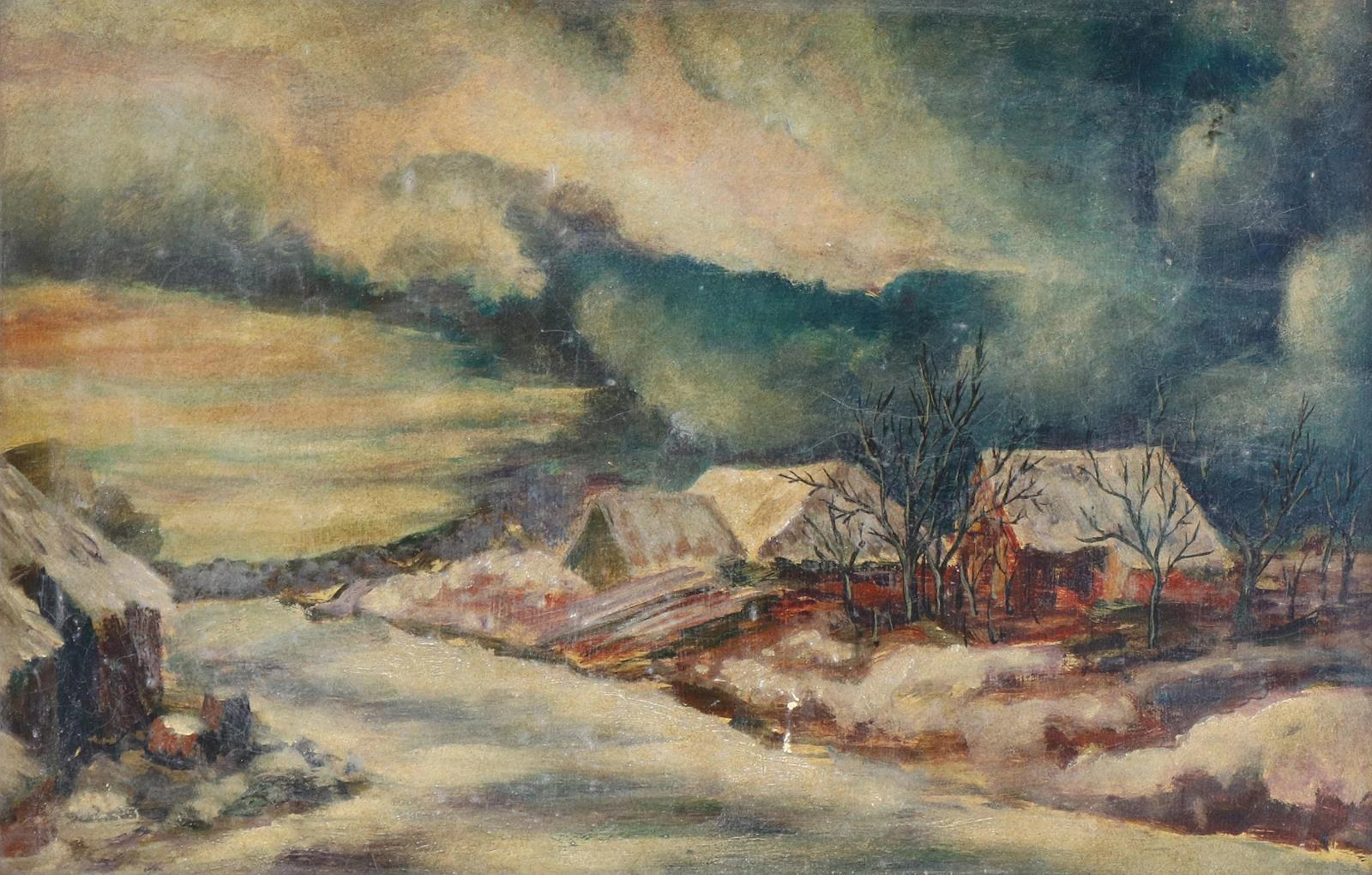 Spätexpressionistische Winterlandschaft. Öl auf Holz. Nicht sign. 24