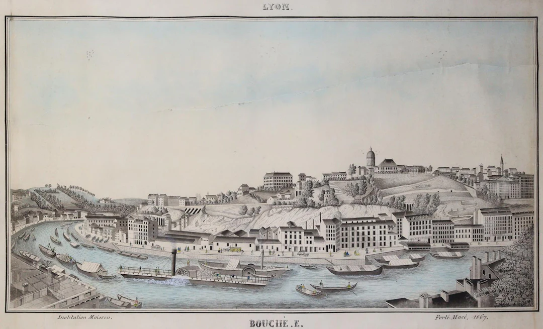 Lyon. Blick aufs gegenüberliegende Flussufer mit Raddampfer. Schulwandbild.