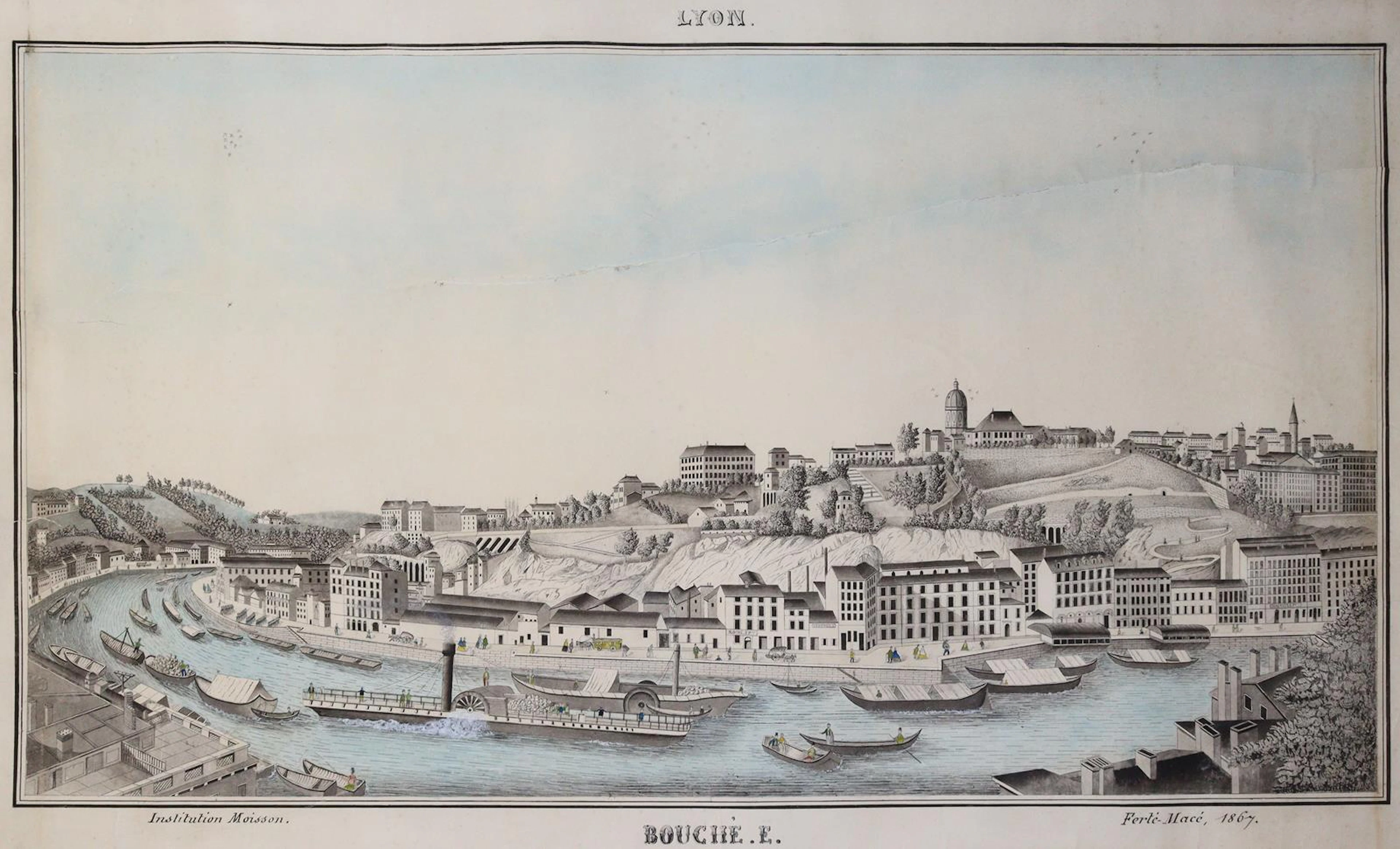Lyon. Blick aufs gegenüberliegende Flussufer mit Raddampfer. Schulwandbild.
