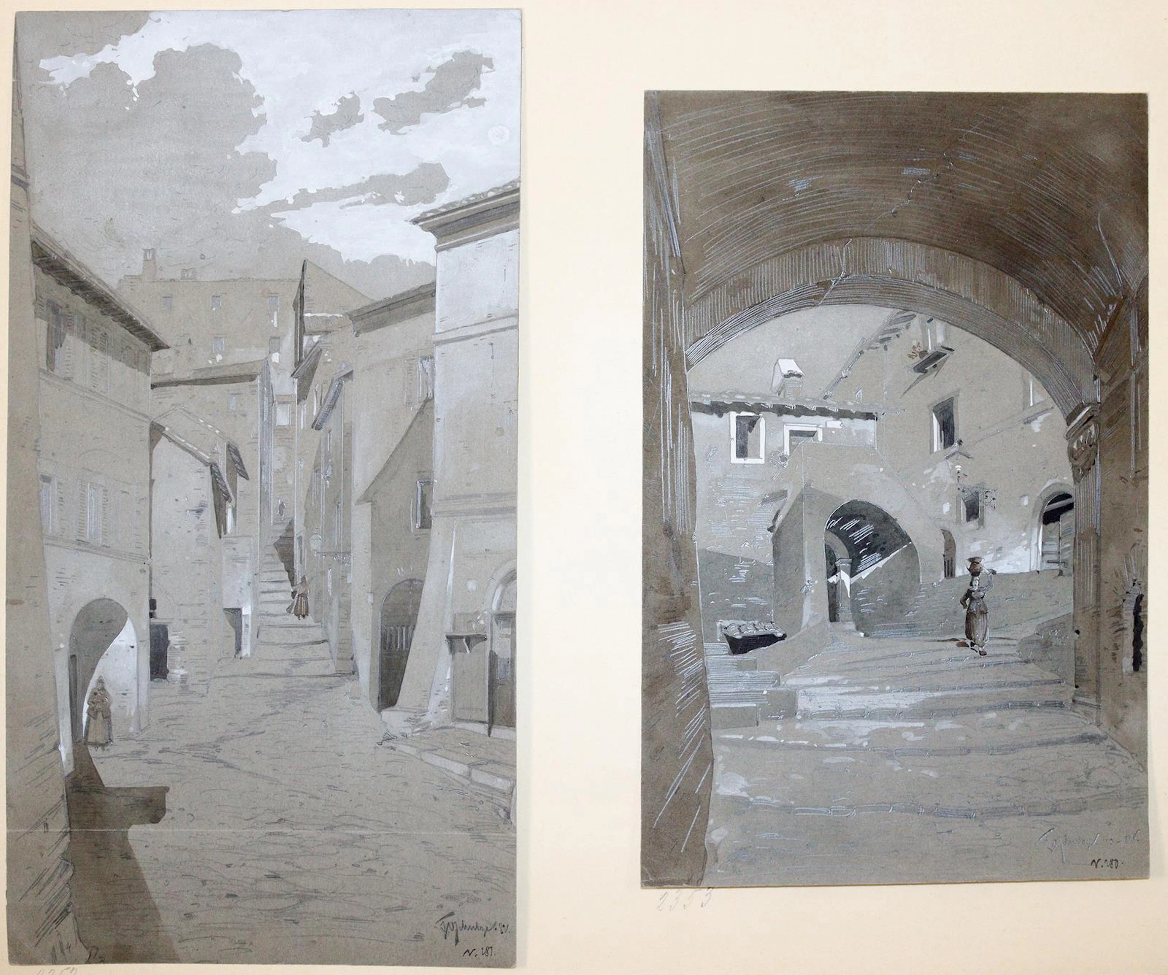 Schulze, Otto (1852-1930). Steile Gassen in Nemi. 2 Zeichnungen. Bleistift