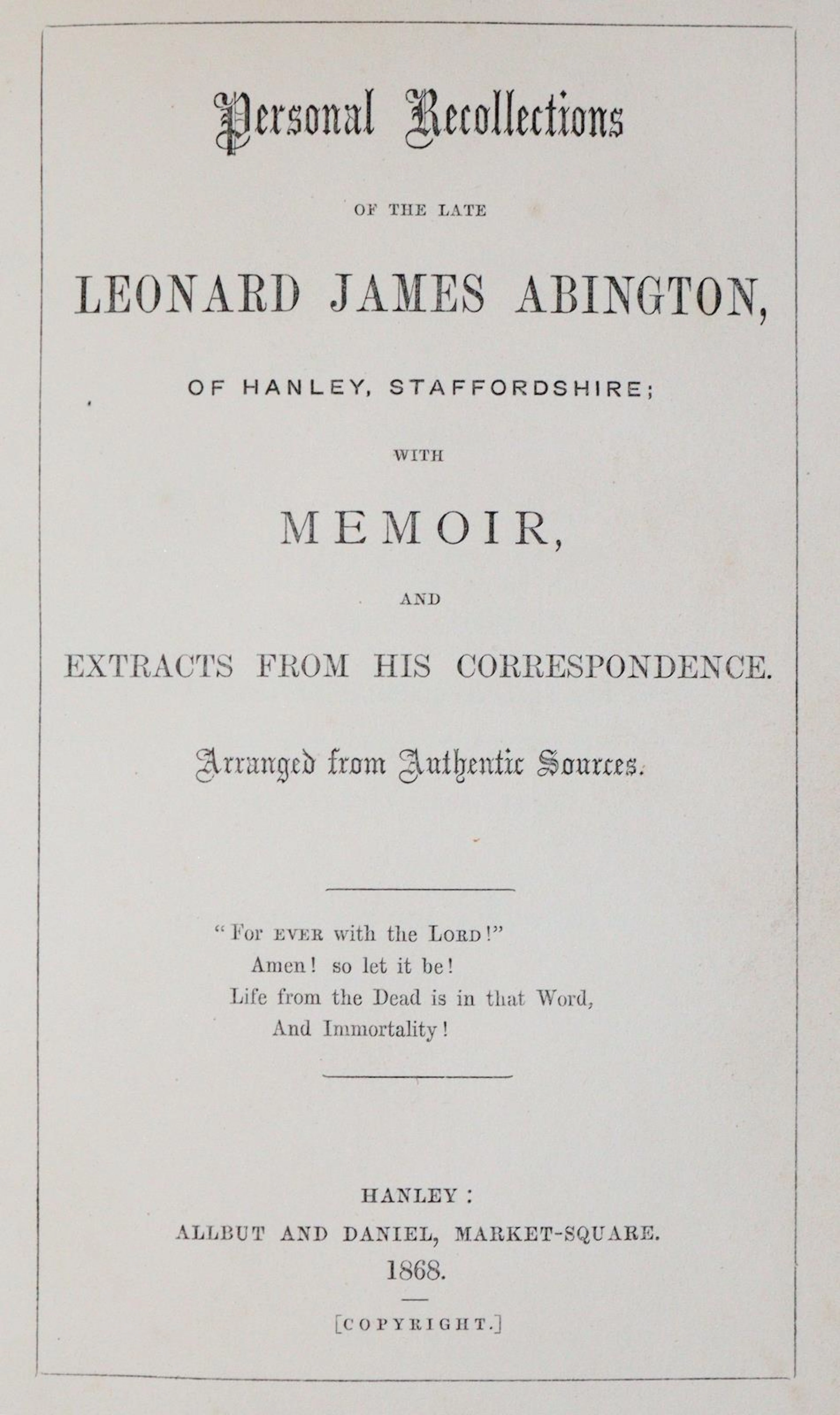 Abington. Personal Recollections of the late Leonard James Abington