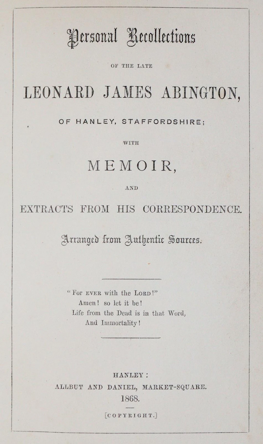 Abington. Personal Recollections of the late Leonard James Abington