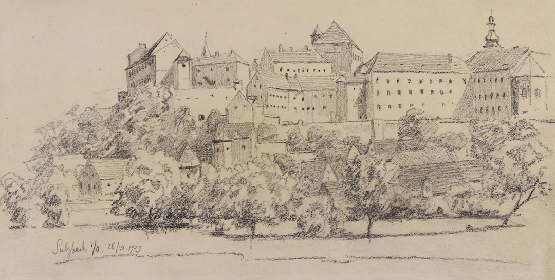 Sulzbach. Blick auf die Burg Sulzbach. Bleistift auf Papier. Unten