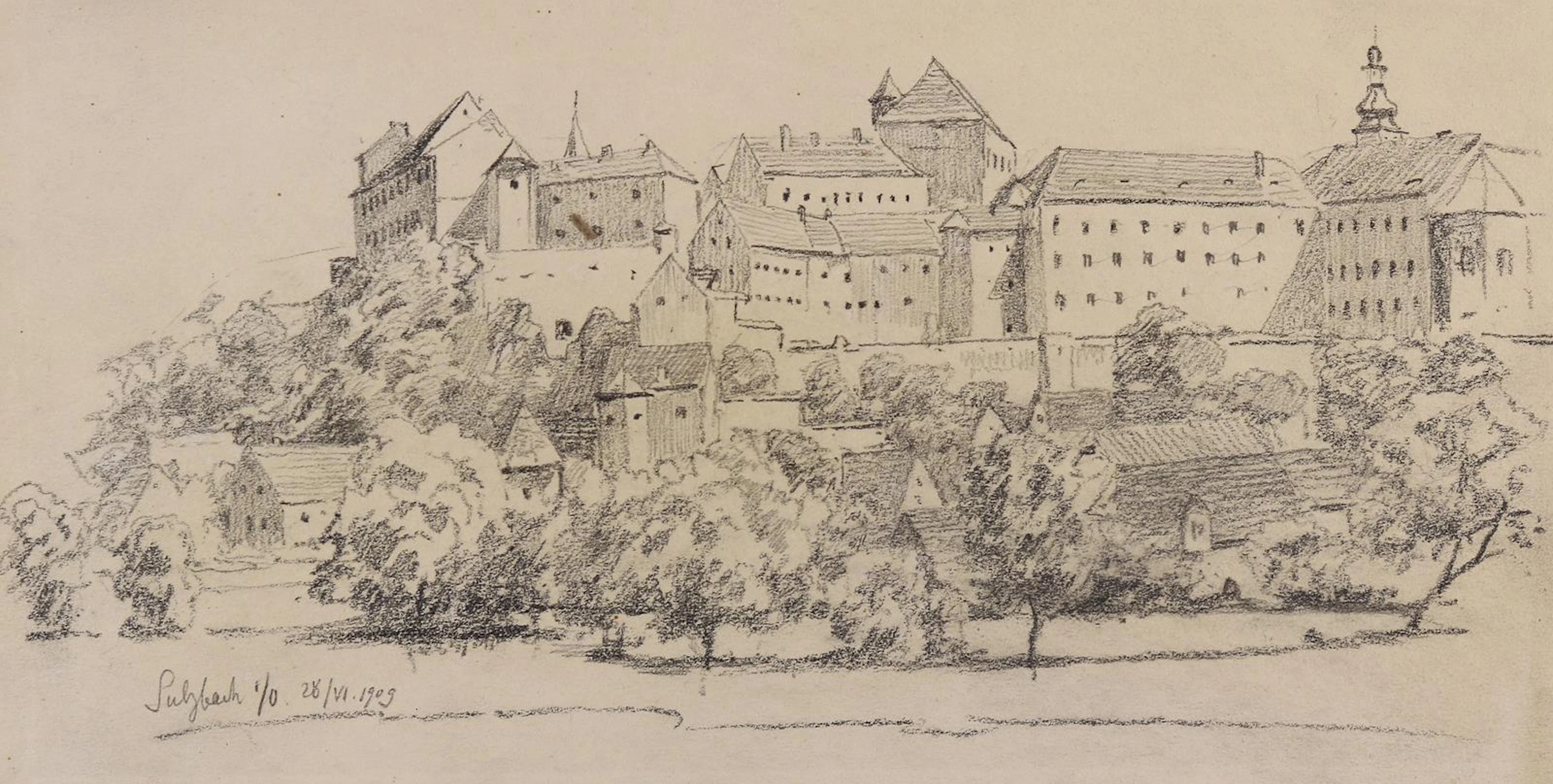 Sulzbach. Blick auf die Burg Sulzbach. Bleistift auf Papier. Unten
